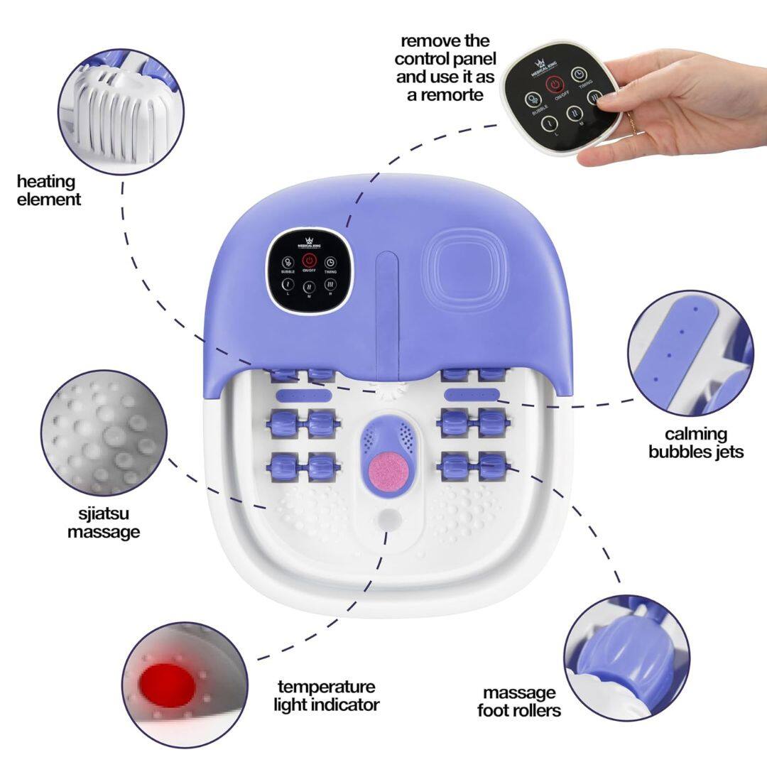 - Remove the control panel and use it as a remote
- Heating element
- Shiatsu massage
- Calming bubbles jets
- Massage foot rollers
- Temperature light indicator