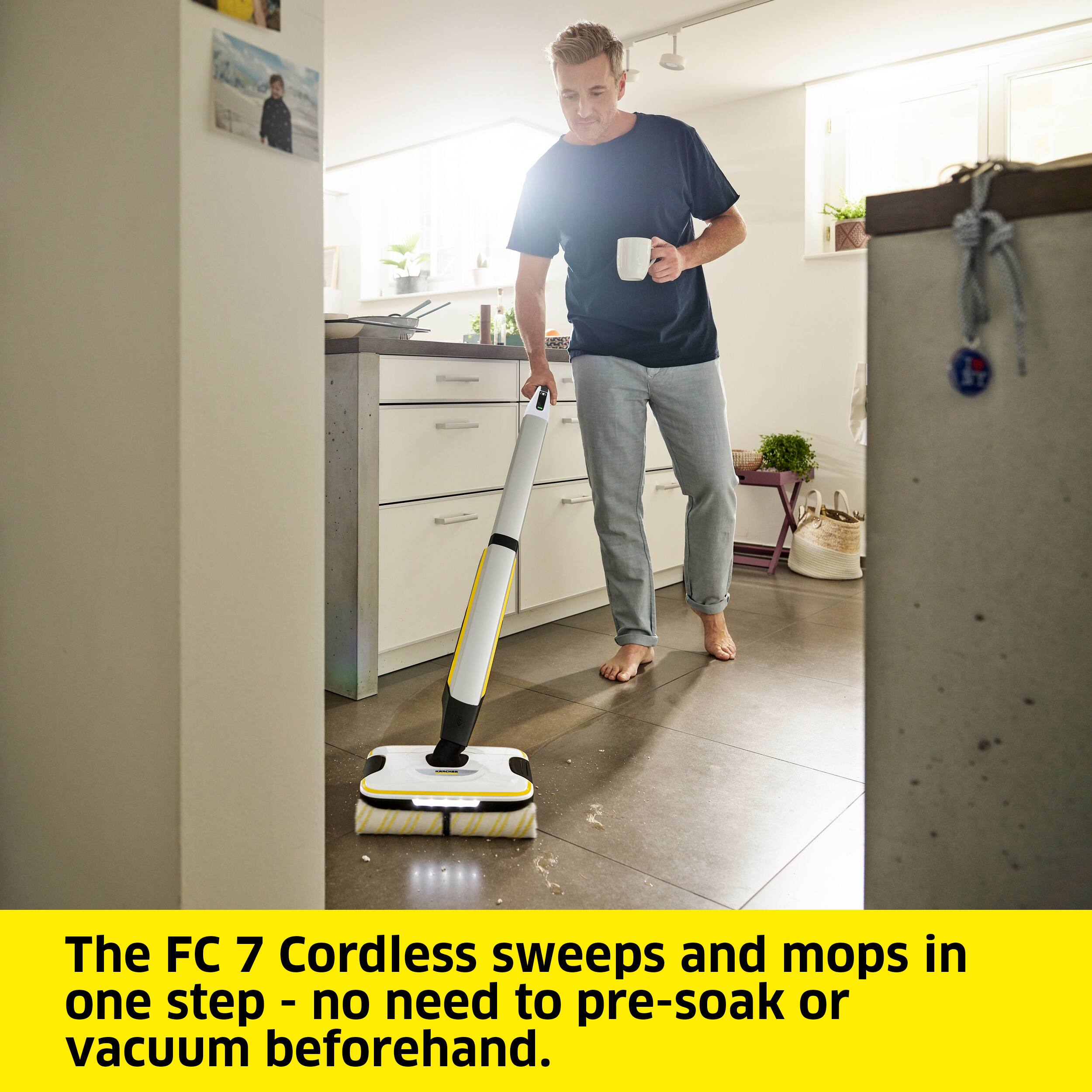 The FC 7 Cordless sweeps and mops in one step - no need to pre-soak or vacuum beforehand.