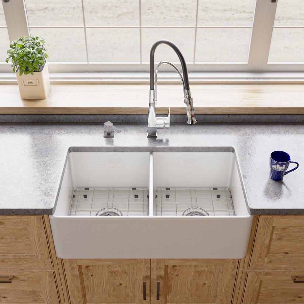 Alt View 3. Alfi - ALFI brand White Smooth Apron 33 x 18 Double Bowl Fireclay Farm Sink - White.