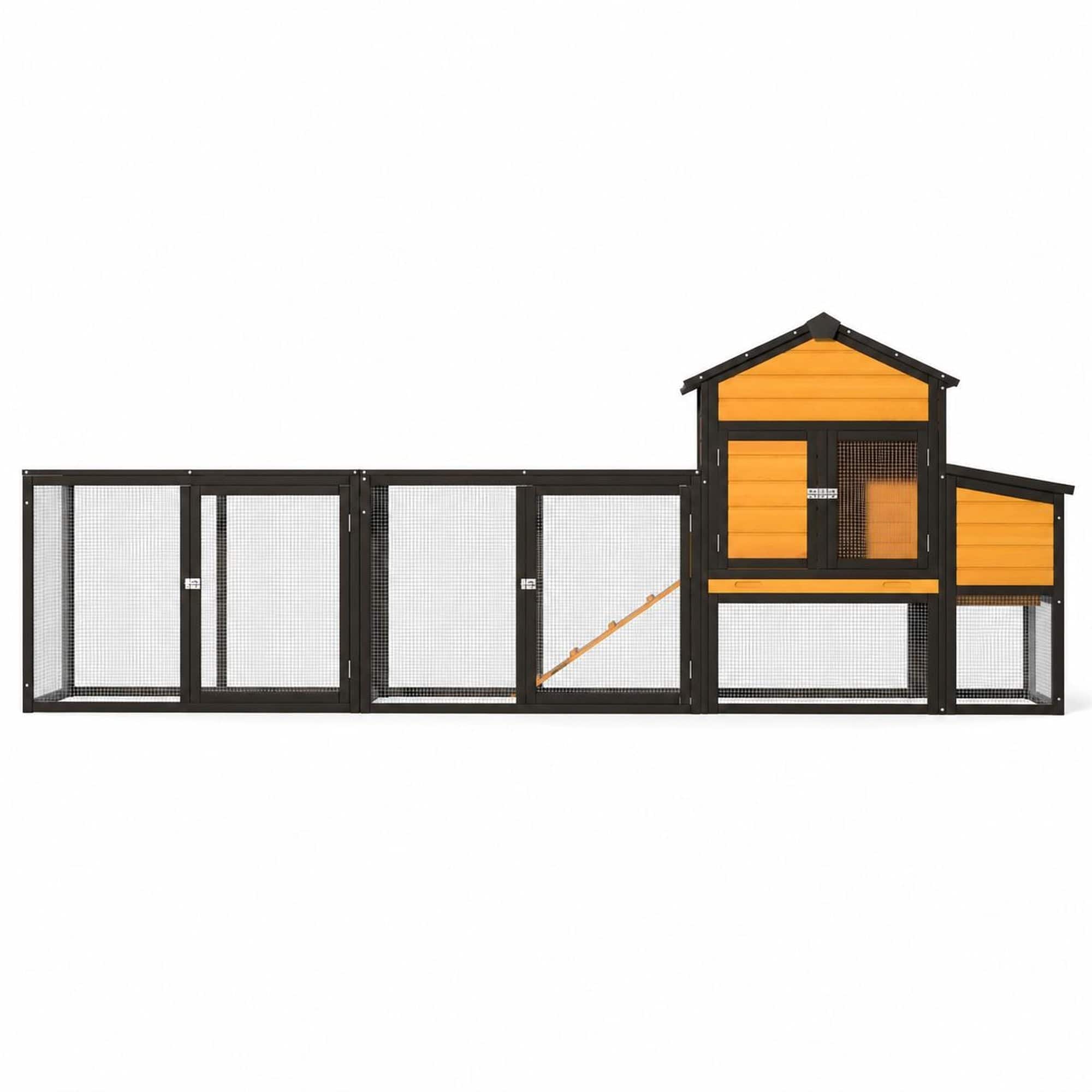 RYHNUYNE - Wooden Chicken Coop with Run, 119.5 in, 7 Doors, Pull-Out Tray, Nesting Box, Ramp, Fits 2 to 4 Birds