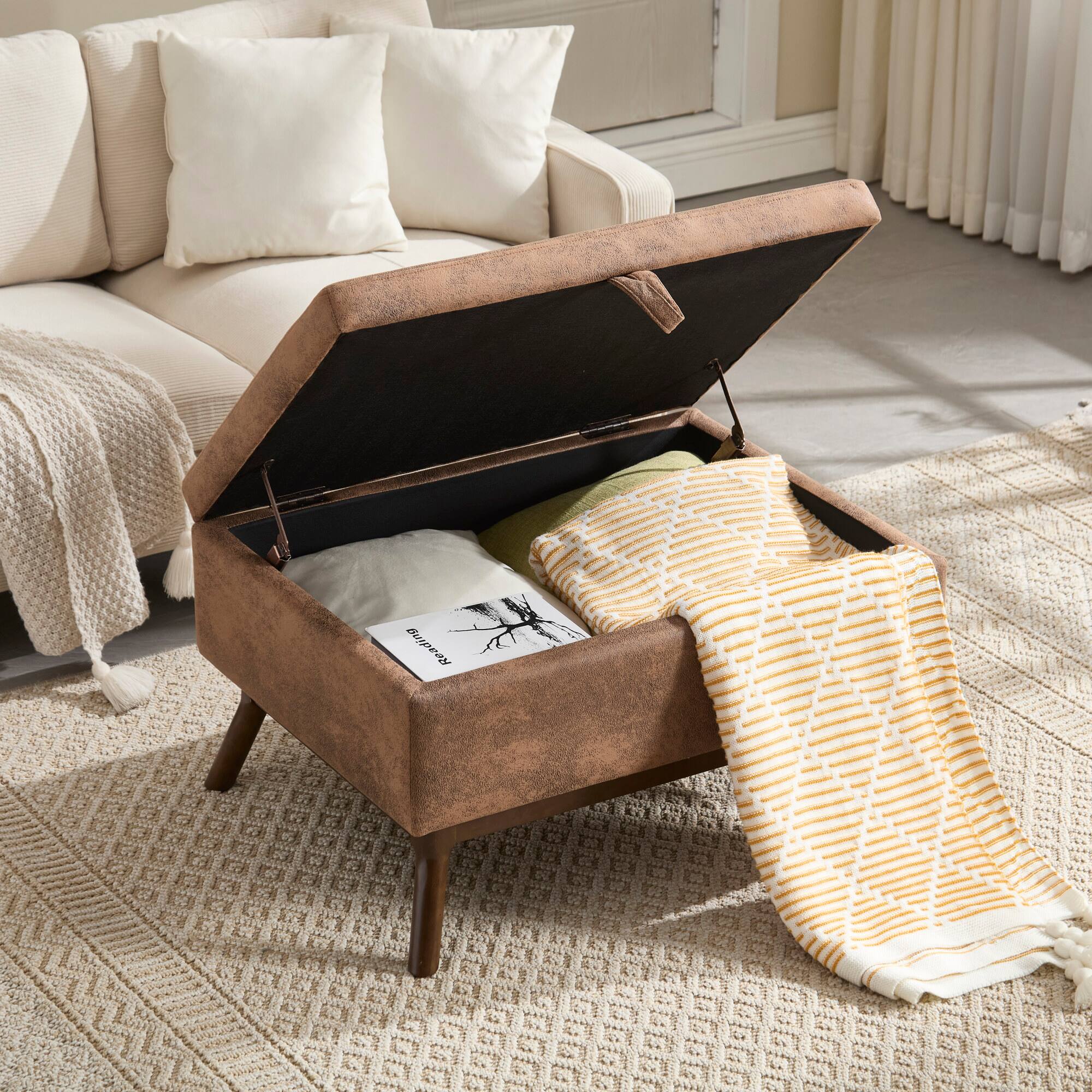 Alt View 9. GOODSILO - Mid-Century Modern Square Storage Ottoman Bench with Lift-Top Lid and Child Safety Hinge - Coffee.