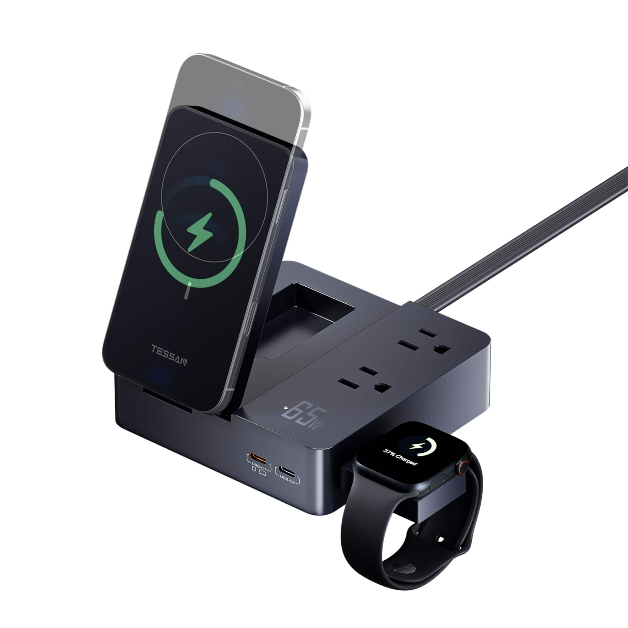 TESSAN - 65W Charging Station USB Phone Charger with Wireless Charging and 2 AC Outlet, 5FT Extension Cord - Black price history on PriceWatchPro