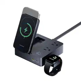 TESSAN - 65W Charging Station with Wireless Charger, Flat Plug Extension Cord 5Ft with 2 AC Outlets, 2 USB C and 1 USB A - Black