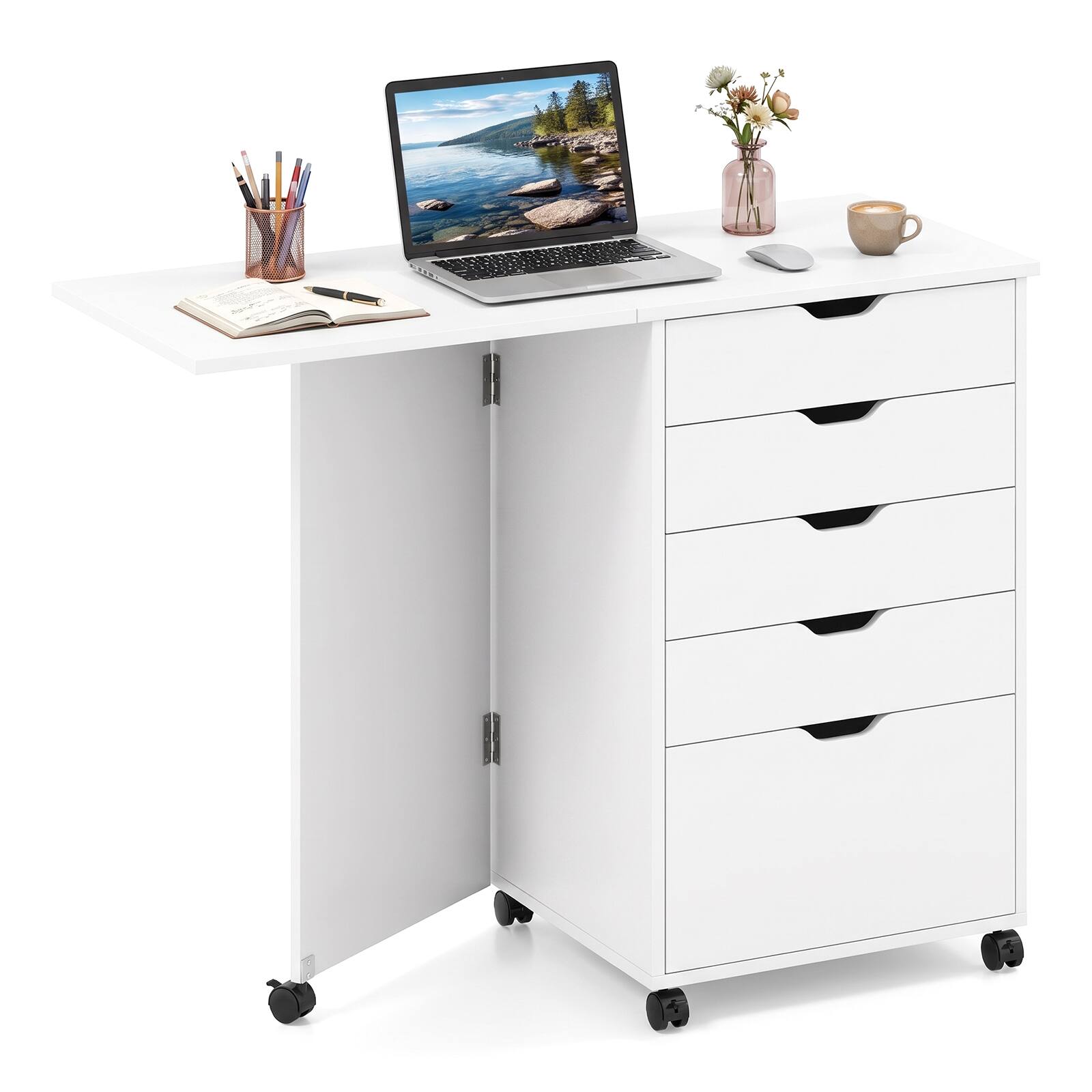 Costway Folding Desk with Storage Drawers & Wheels, Foldable Drop Leaf ...
