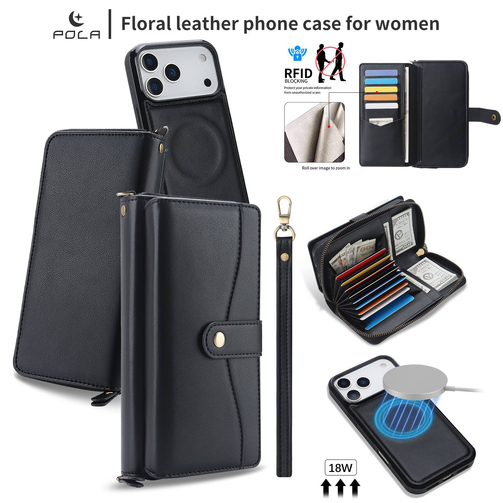 Floral leather phone case for women  
POLA  
RFID BLOCKING  
Protect your private information from unauthorized cm  
Roll over image to zoom in  
18W