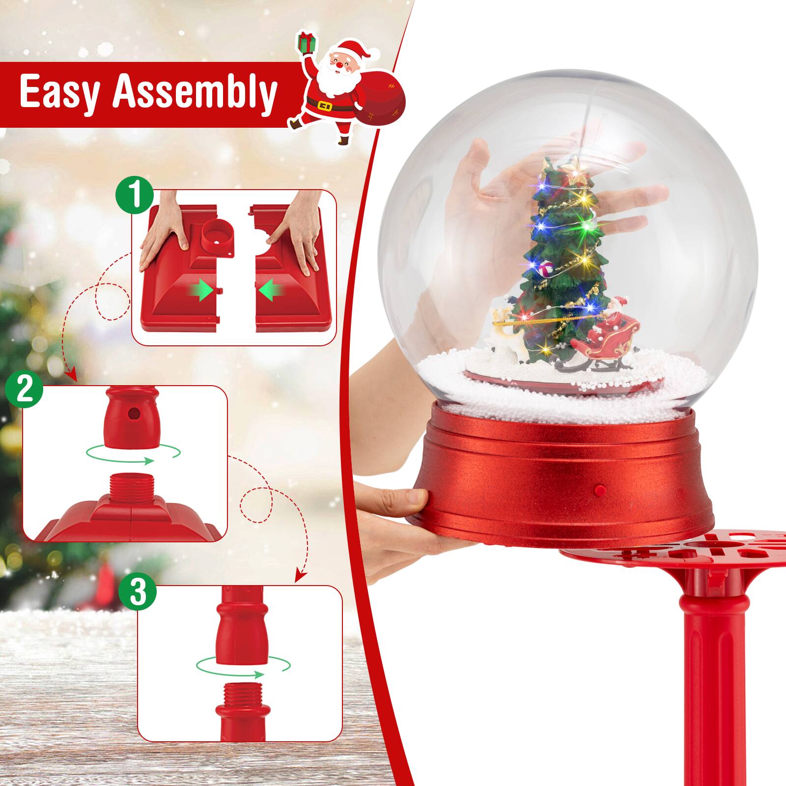 Easy Assembly

1. Place the base pieces together.
2. Attach the middle section.
3. Insert the top section.
