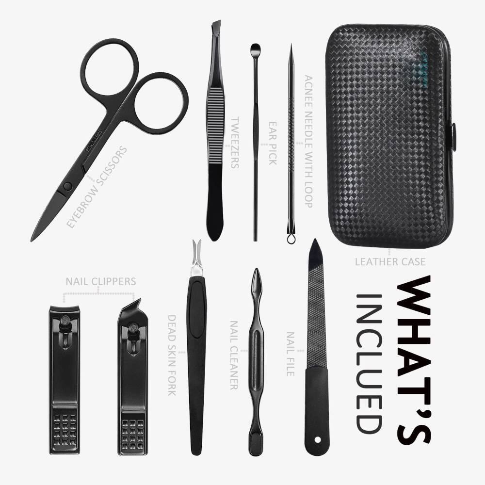 - Eyebrow Scissors
- Tweezers
- Ear Pick
- Acne Needle with Loop
- Nail Clippers
- Dead Skin Fork
- Nail Cleaner
- Nail File
- Leather Case

What's Included