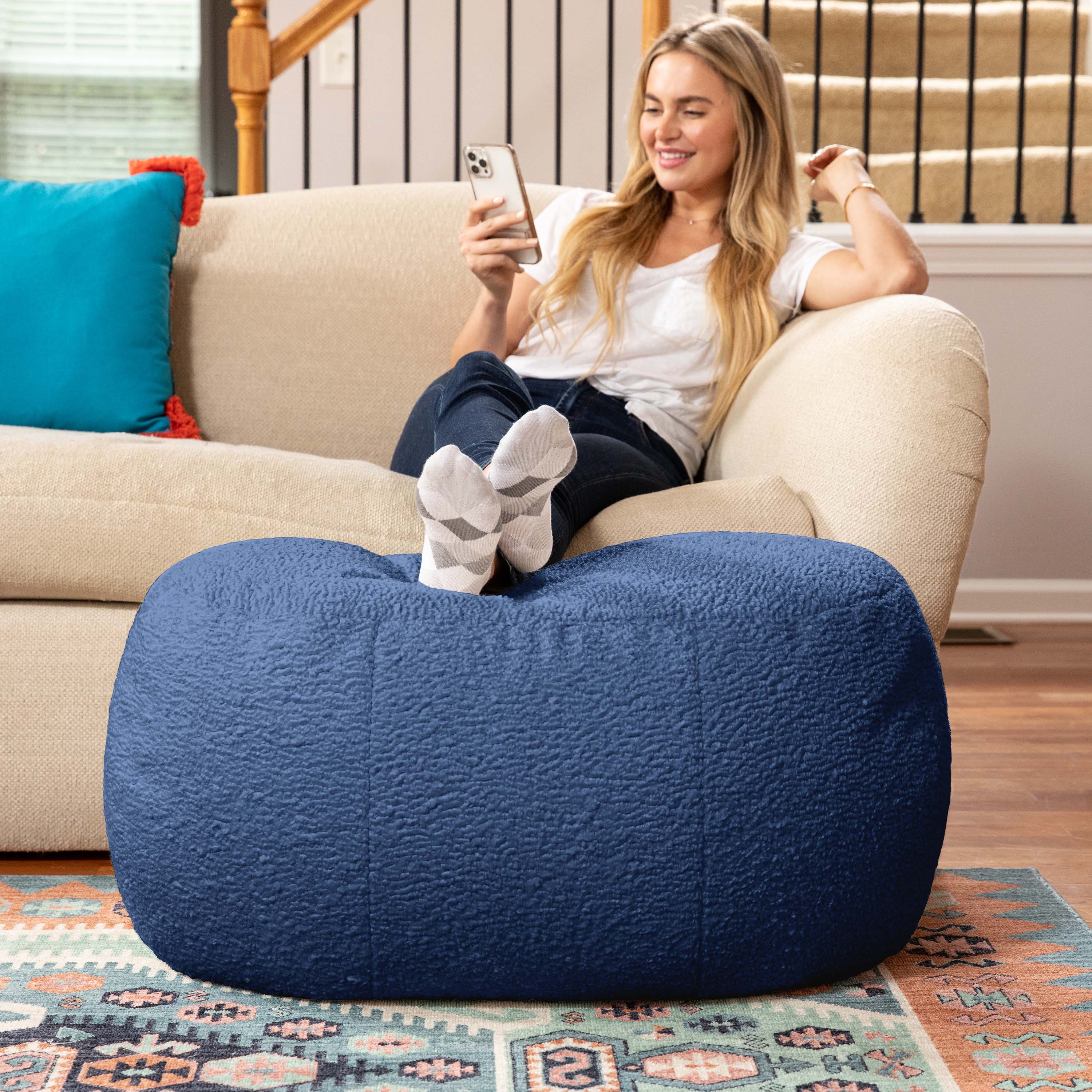 Alt View 3. Jaxx - Jaxx Ellis Ottoman Shearling Faux-Lamb Plush Pouf for Modern Interior Design, Oval, Indigo - Indigo.