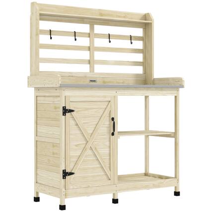 Front. Outsunny - Outdoor Wooden Potting Bench Table, Garden Workstation with Storage Cabinet, Storage Shelves for Backyard, Patio - Natural Wood.