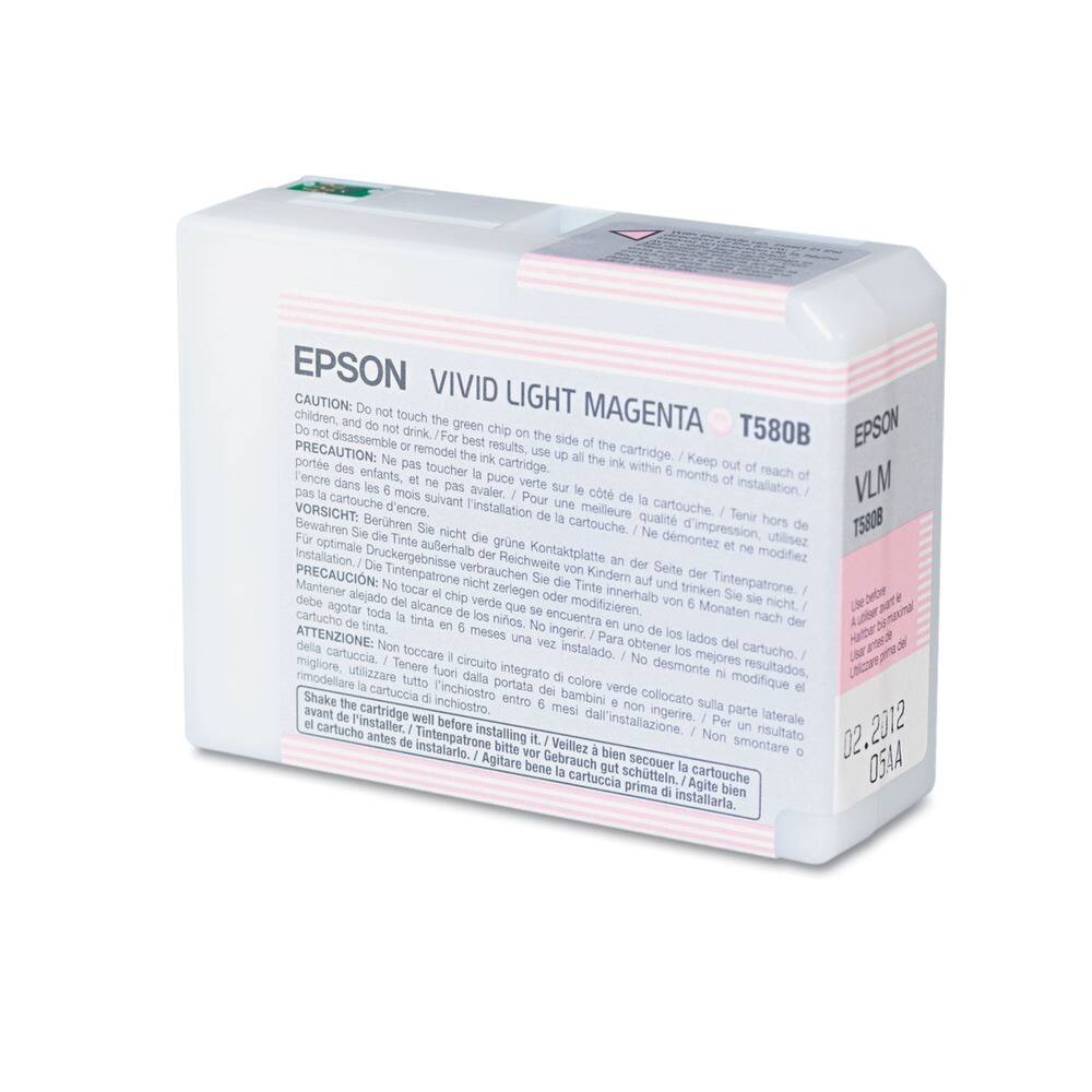 EPSON VIVID LIGHT MAGENTA  
T580B  

CAUTION: Do not touch the green chip on the side of the cartridge. Keep out of reach of children, and do not drink. For best results, use the ink within 6 months of installation.  

PRECAUCIÓN: No toque la pestaña verde del cartucho. Manténgalo fuera del alcance de los niños. No beber. Para obtener los mejores resultados, utilice la tinta dentro de 6 meses de la instalación.  

ATTENTION: Ne pas toucher la puce verte de la cartouche. Tenir hors de portée des enfants. Ne pas avaler. Pour une meilleure qualité d'impression, utilisez la tinte dans les 6 mois suivant l'installation.  

VORSICHT: Berühren Sie nicht die grüne Tinte auf der Seite der Tintenpatrone. Halten Sie es Kindern außerhalb der Reichweite. Nicht trinken. Für eine bessere Druckqualität, verwenden Sie die Tinte innerhalb von 6 Monaten nach der Installation.  

PRECAUCIÓN: No tocar la pestaña verde del