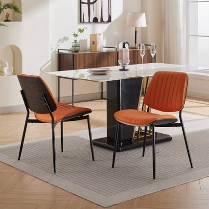 Front. LUCKY ONE - Assembled Mid Century Dining Chair Set of 2 Faux Leather with Walnut Bentwood Back Metal Legs - Orange.