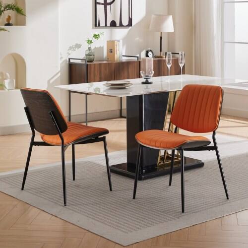 Front. LUCKY ONE - Assembled Mid Century Dining Chair Set of 2 Faux Leather with Walnut Bentwood Back Metal Legs - Orange.
