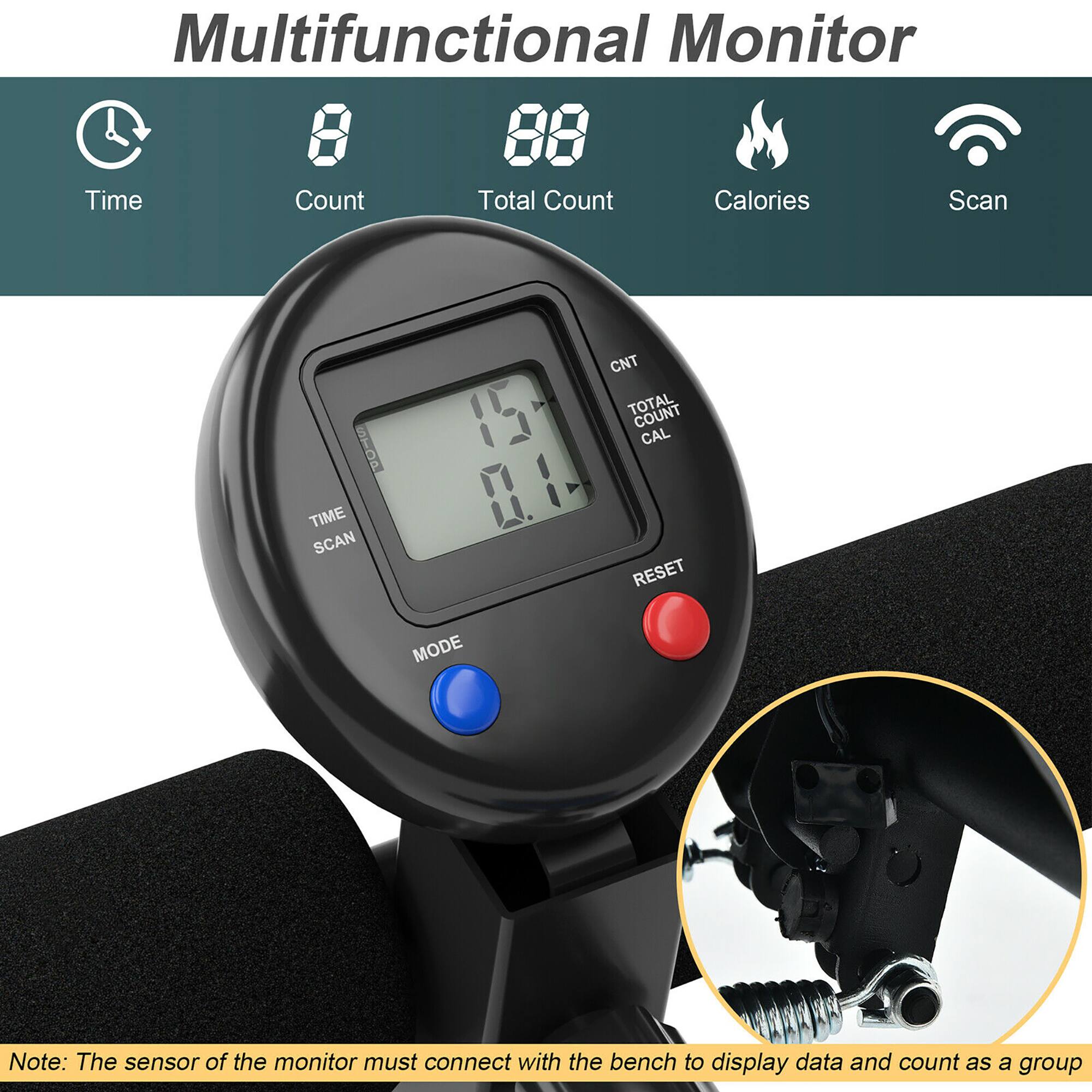 Multifunctional Monitor: Time, Count, Total Count, Calories, Scan, STOP, TIME, SCAN, CNT, TOTAL, AL COUNT, CAL, RESET, MODE. Note: The sensor of the monitor must connect with the bench to display data and count as a group.