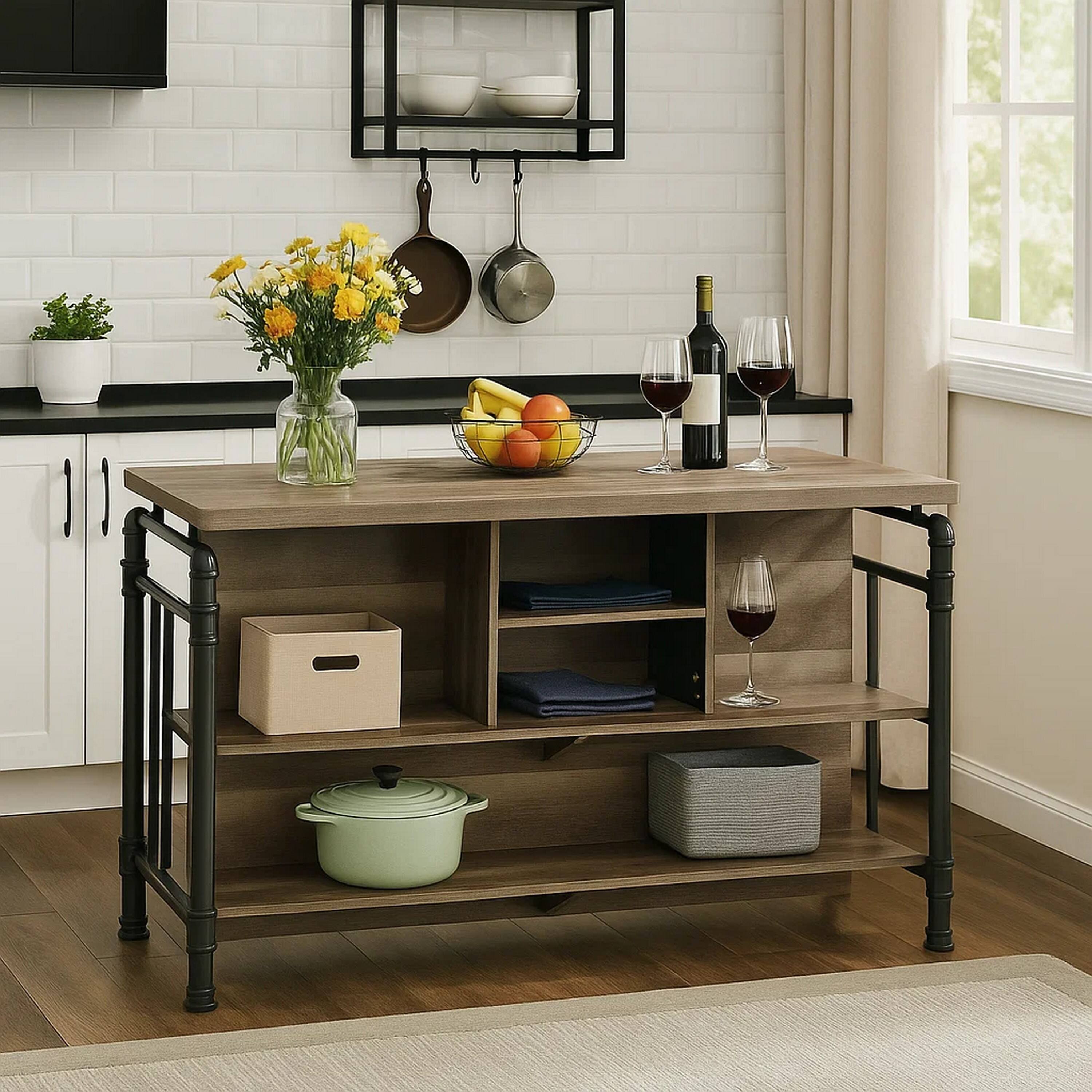 Alt View 2. Manhattan Lane - 59 Inch Kitchen Island with 2 Shelves - Brown, Gray.