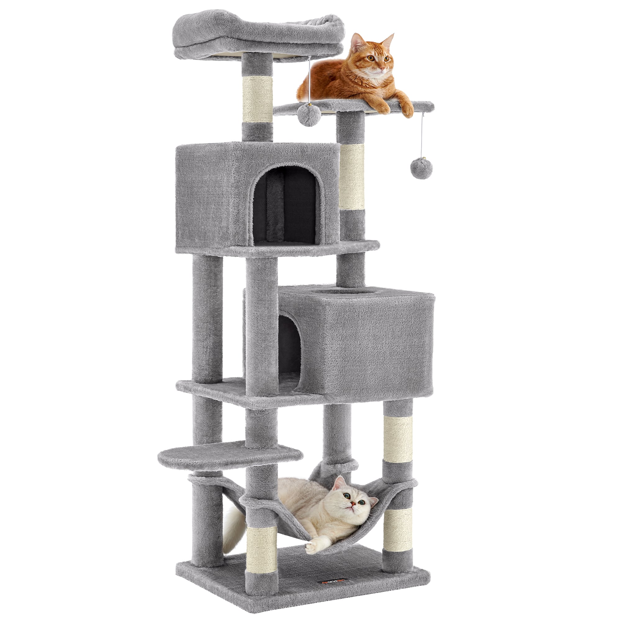 Songmics Home - Cat Tree, 59.4-Inch Tall Cat Tower, Plush Multi-Level Condo with 5 Scratching Posts, 2 Perches, 2 Caves, Hammock - Light Gray