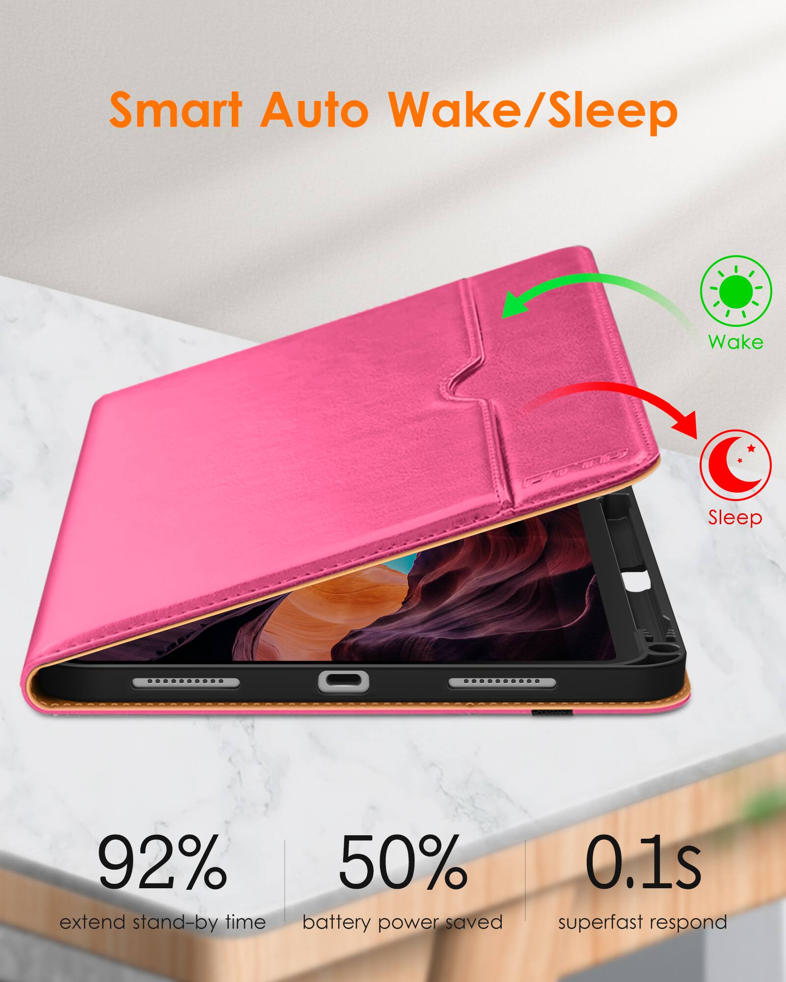 Smart Auto Wake/Sleep

- 92% extend stand-by time
- 50% battery power saved
- 0.1s superfast respond

Wake
Sleep