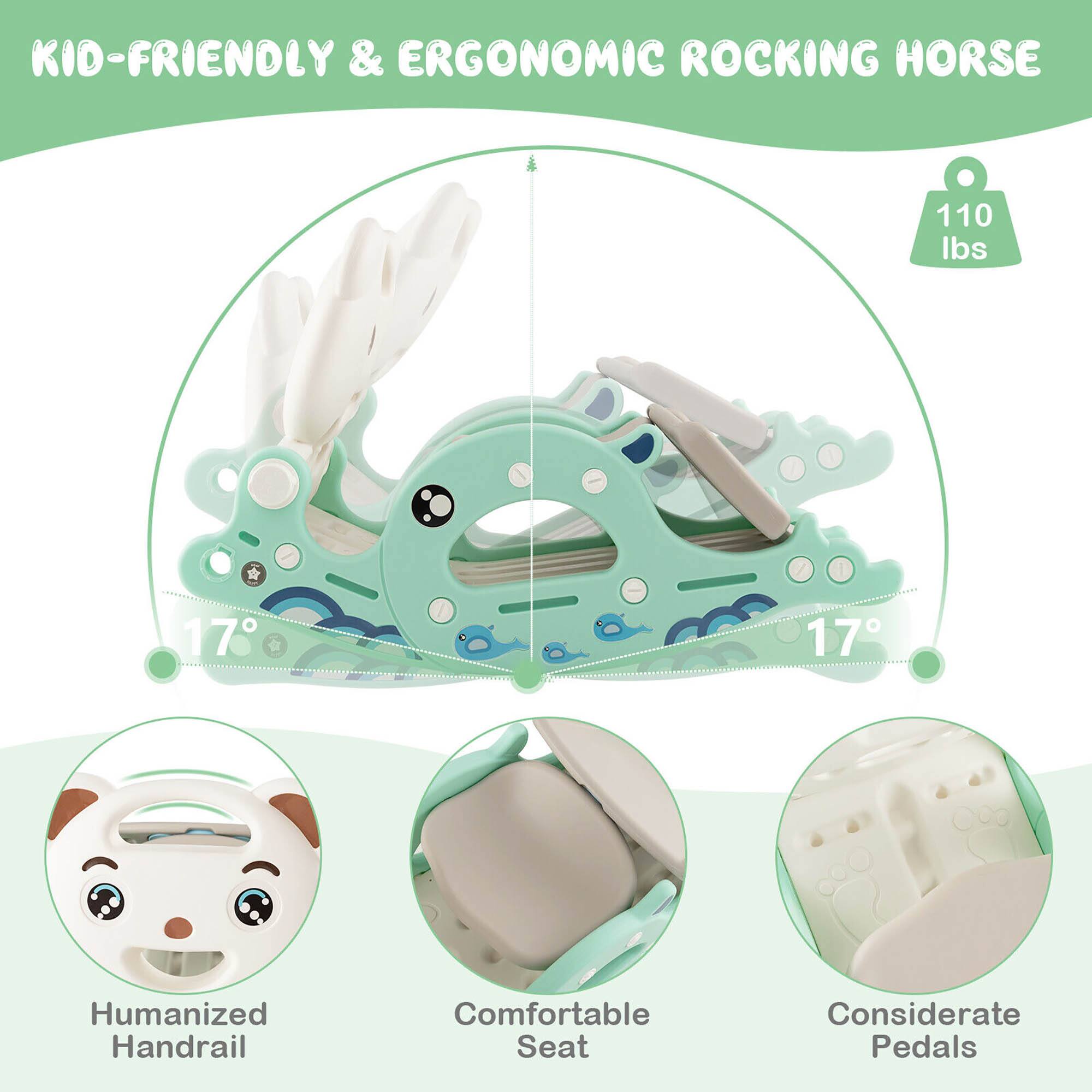 KID-FRIENDLY & ERGONOMIC ROCKING HORSE

- 110 lbs
- 17°
- Humanized Handrail
- Comfortable Seat
- Considerate Pedals