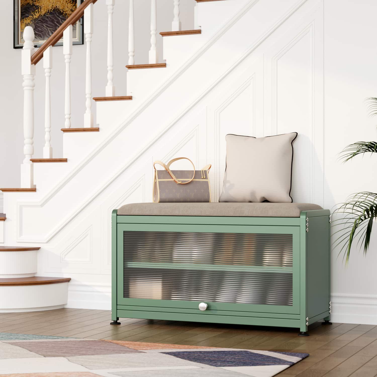 Alt View 3. Malletson - 3-Tier Shoe Storage Bench, Metal Shoe Rack with Removable Seat Cushion, for Entranceways, Hallways and Bedrooms - Green.
