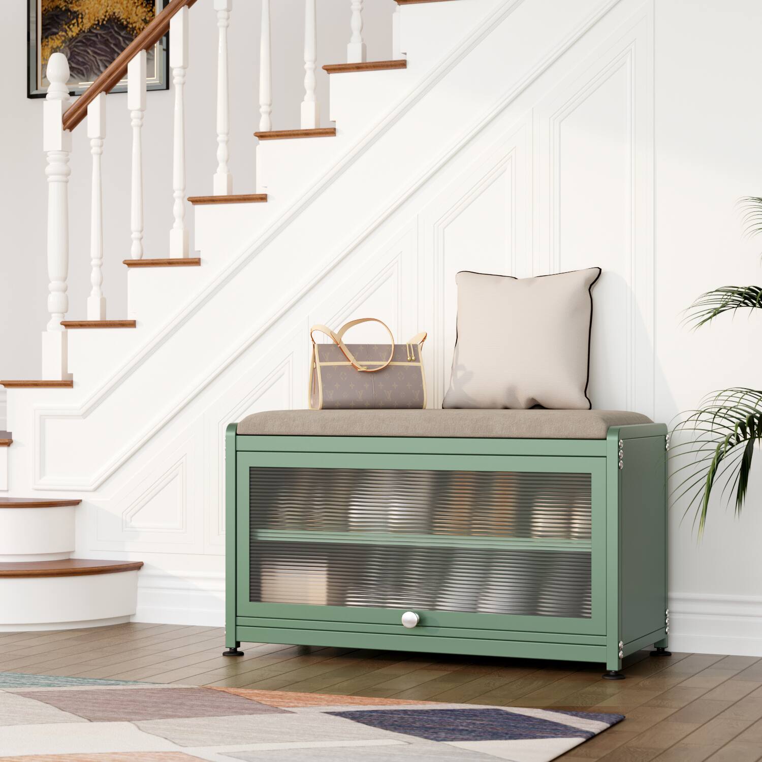 Alt View 3. Malletson - 3-Tier Shoe Storage Bench, Metal Shoe Rack with Removable Seat Cushion, for Entranceways, Hallways and Bedrooms - Green.