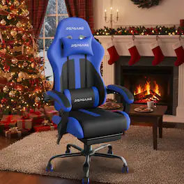 RSPGAME - Basic Gaming Chairs Faux Leather Ergonomic Spring Cushion Computer Desk Chair w/ Lumbar Support and Retractable Footrest - Black & Blue