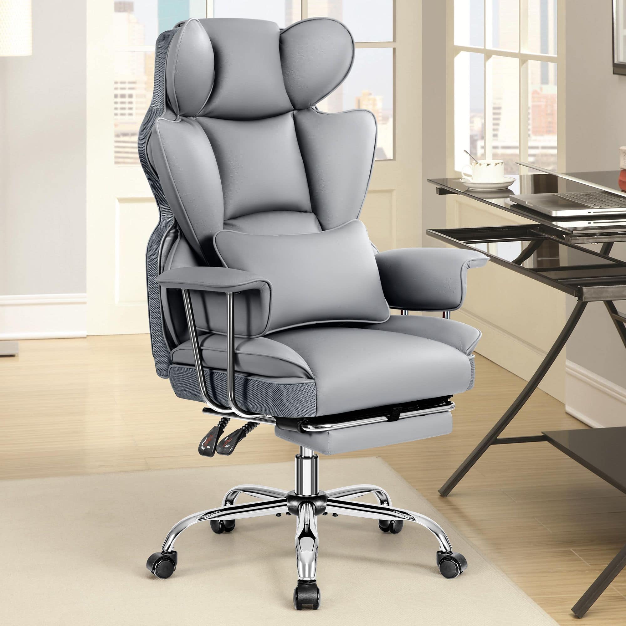 Front. Brick Attic - 500LBS Big & Tall Office Chair, Leather Gaming Chair with Footrest, Adjustable Height & Lumbar Support - Gray - Gray.