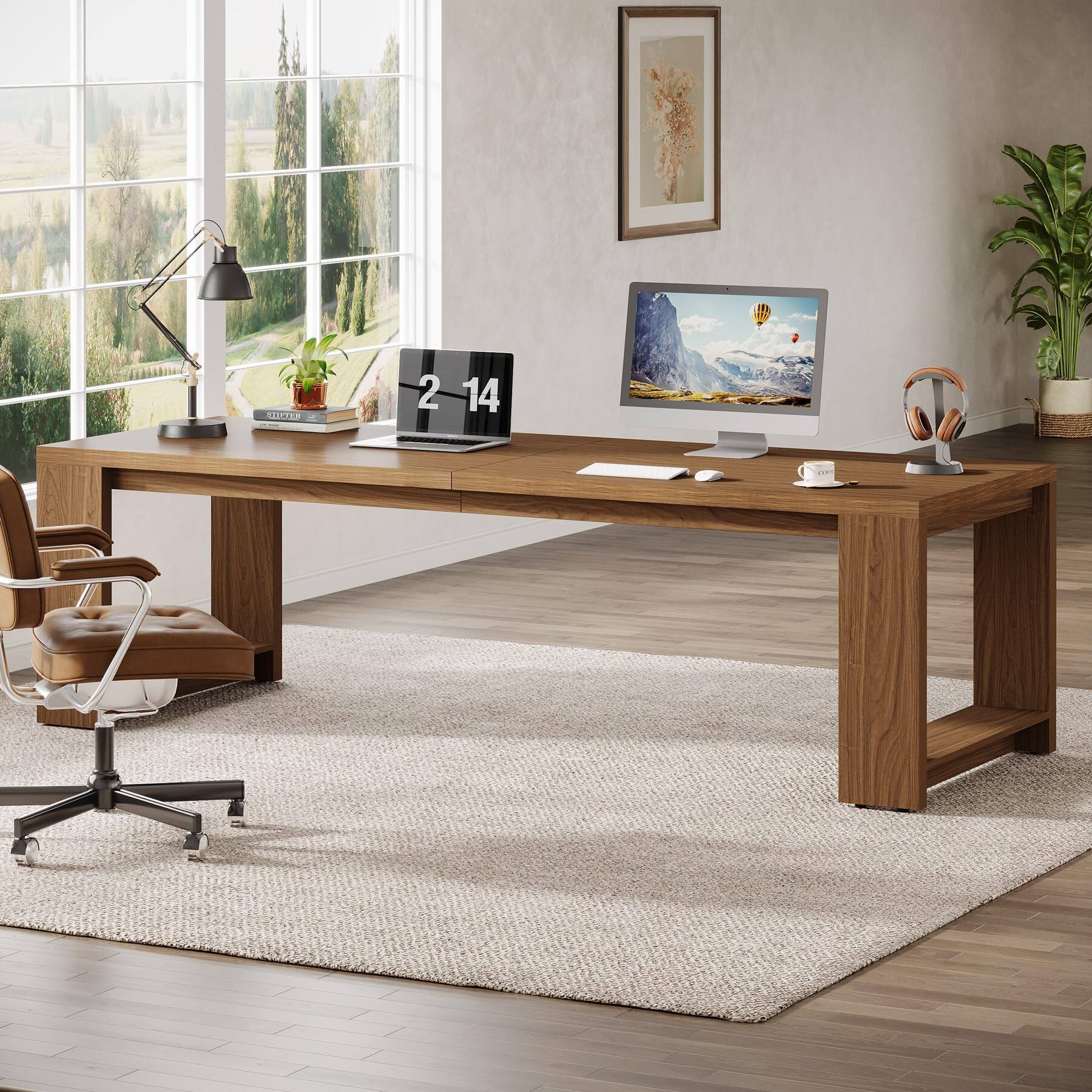 Back. Tribesigns - 2 Person Desk, 86.6" Extra Long Two Person Desk - Walnut.