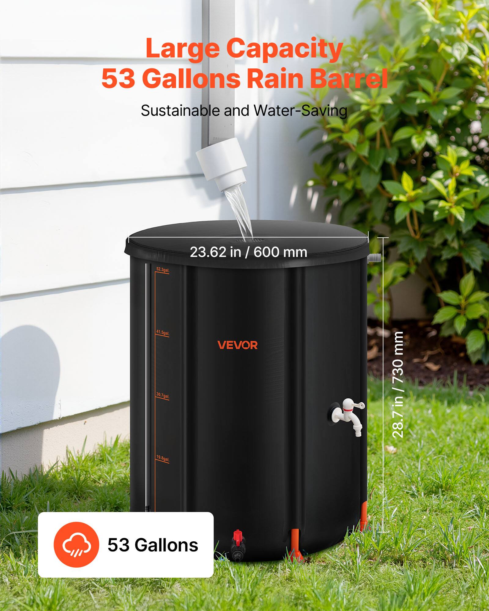 Large Capacity 53 Gallons Rain Barrel  
Sustainable and Water-Saving  

23.62 in / 600 mm  
28.7 in / 730 mm  

53 Gallons