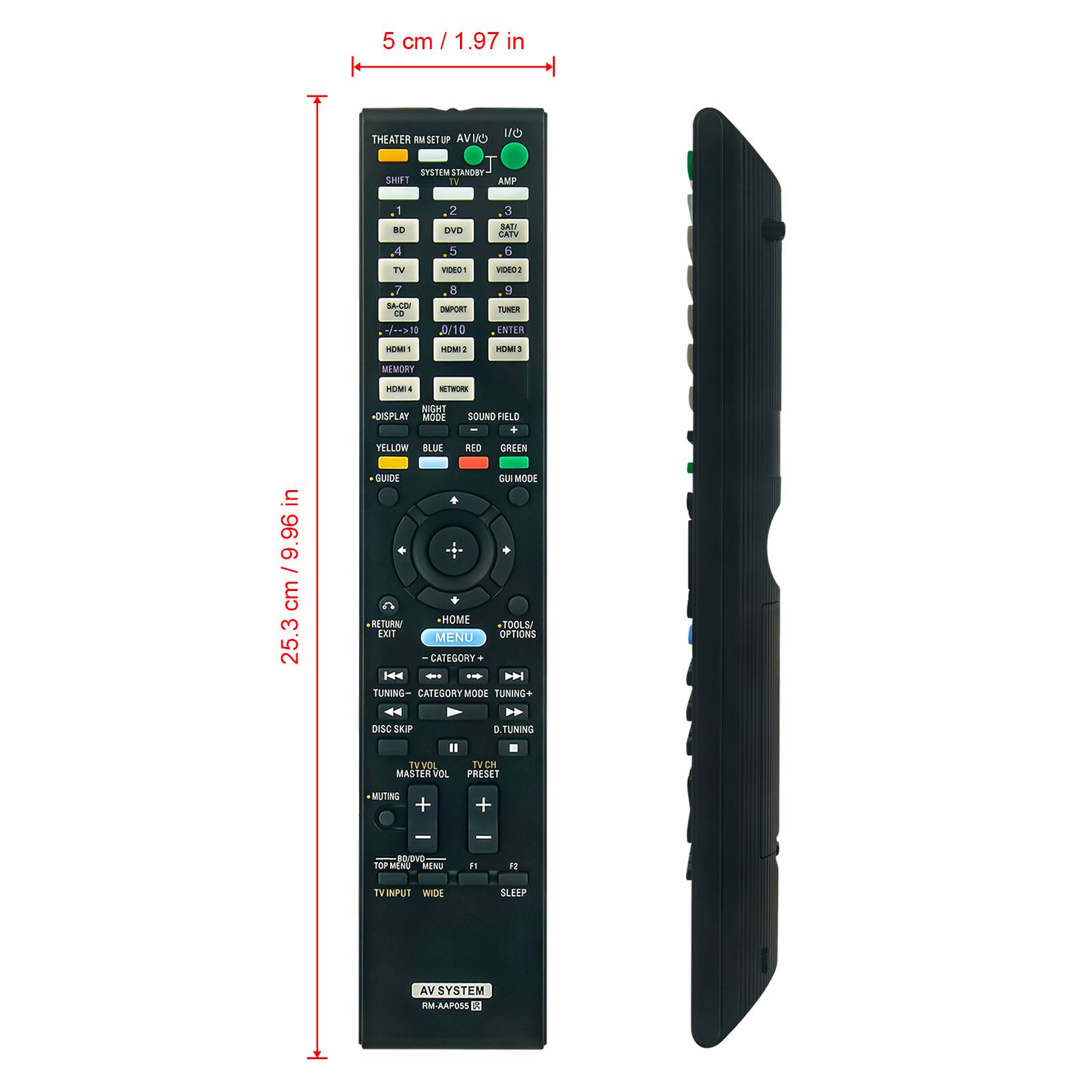5 cm / 1.97 in

THEATER RM SET UP AV/IN
SYSTEM STANDBY SHIFT TV AMP

1 BD
2 DVD
3 SATI CATV
4 TV
5 VIDEO1
6 VIDEO2
7 SA-COI CD
8 IMPORT
9 TUNER

HDMI1
HDMI2
HDMI3
MEMORY
HDMI4
NETWORK

NIGHT DISPLAY MODE
SOUND FIELD

YELLOW BLUE RED GREEN GUIDE GUI MODE RETURN HOME TOOLS/ EXIT MENU OPTIONS CATEGORY TUNING- CATEGORYMODE TUNING+

DISC SKIP D.TUNING TVVOL TV CH MASTER VOL PRESET
MUTING

80/DVD TOP MENU MENU

F1
F2

INPUT WIDE
SLEEP

AV SYSTEM RM-AAPOSS