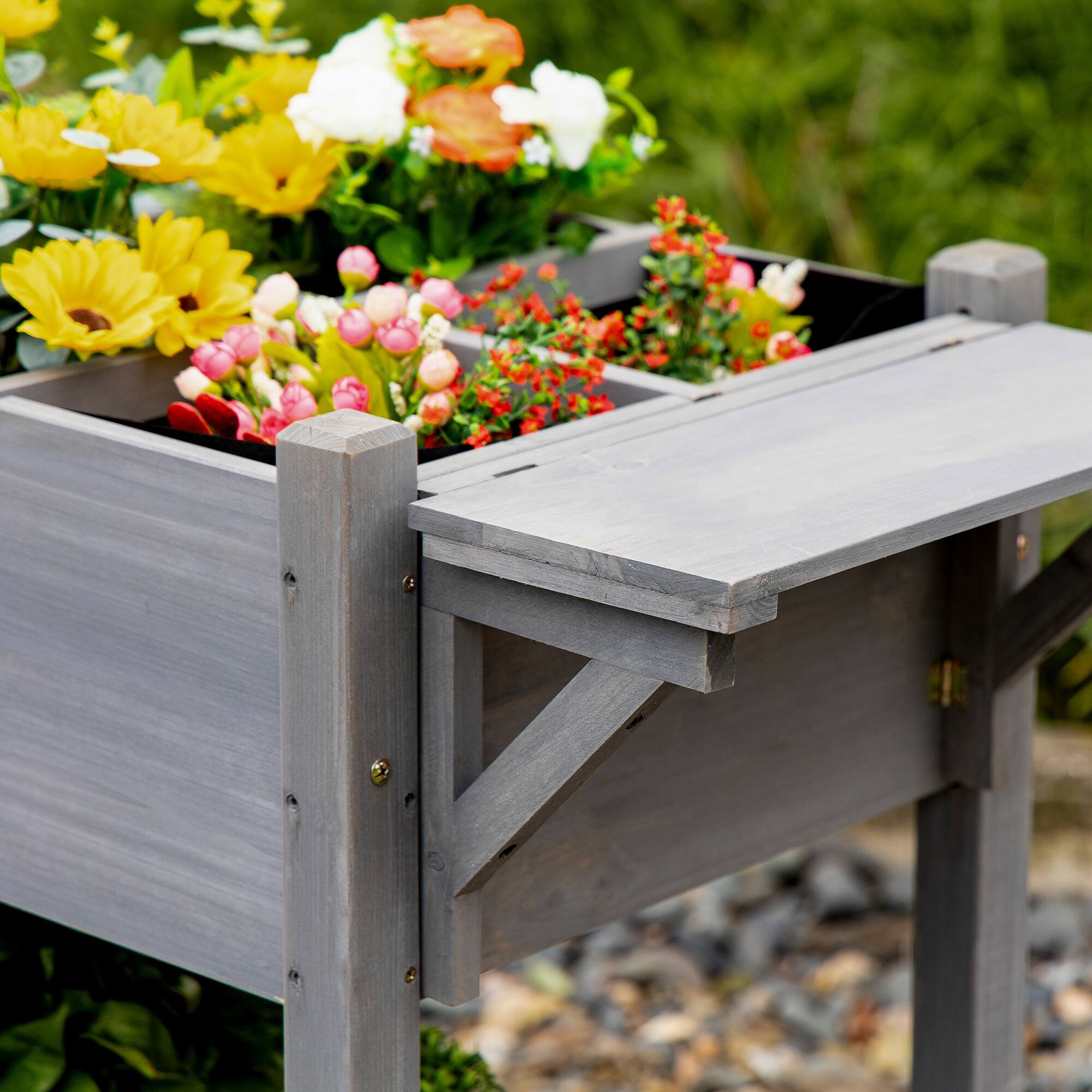 Alt View 8. Outsunny - Raised Garden Bed with 8 Grow Grids, Wooden Outdoor Plant Box Stand with Folding Side Table and Wheels, 49" x 21" x 34" - Gray.