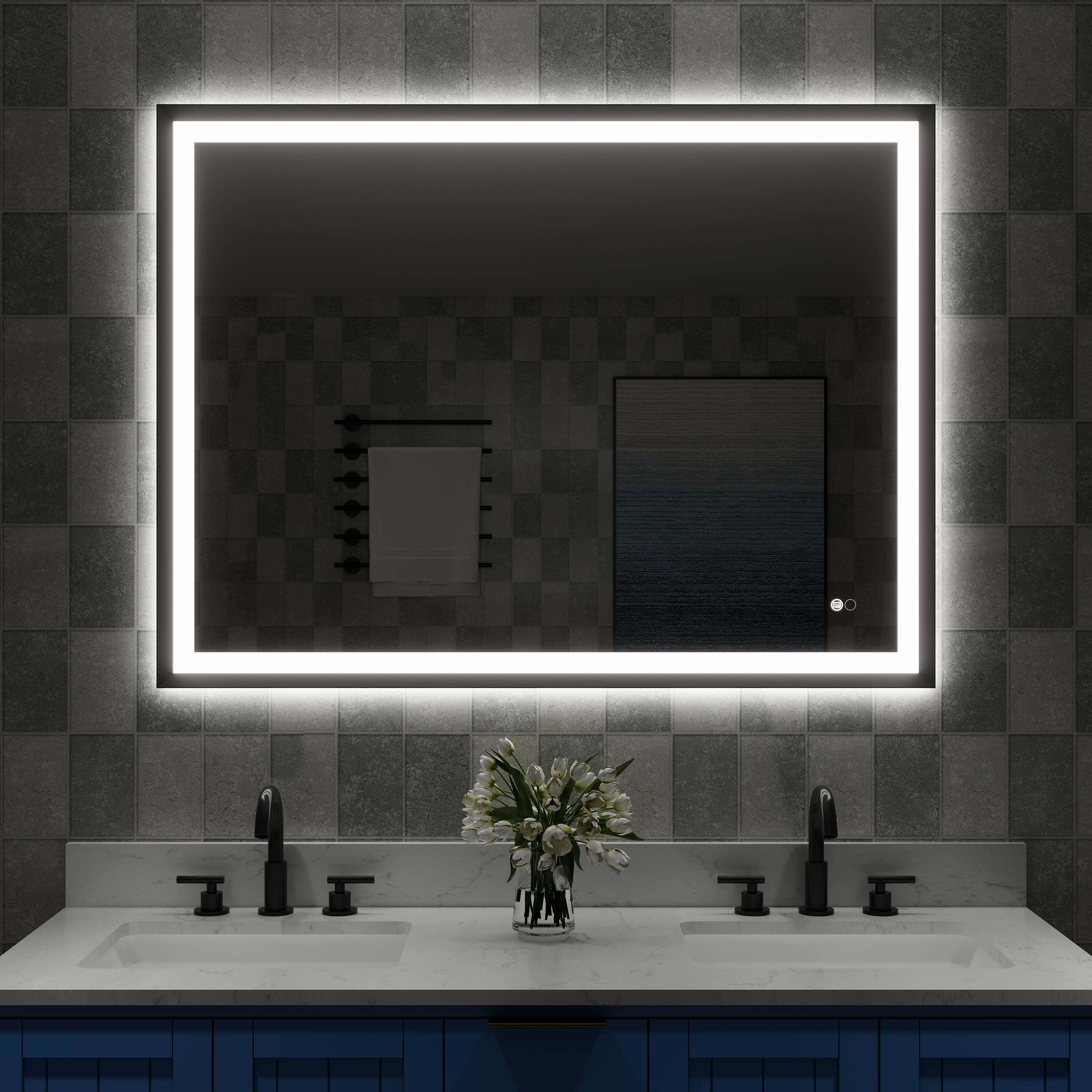 Angle. WELLFOR - 48 in W x 36 in. H Rectangular Single Aluminum Framed Anti-Fog LED Light Wall Bathroom Vanity Mirror - Matte Black.