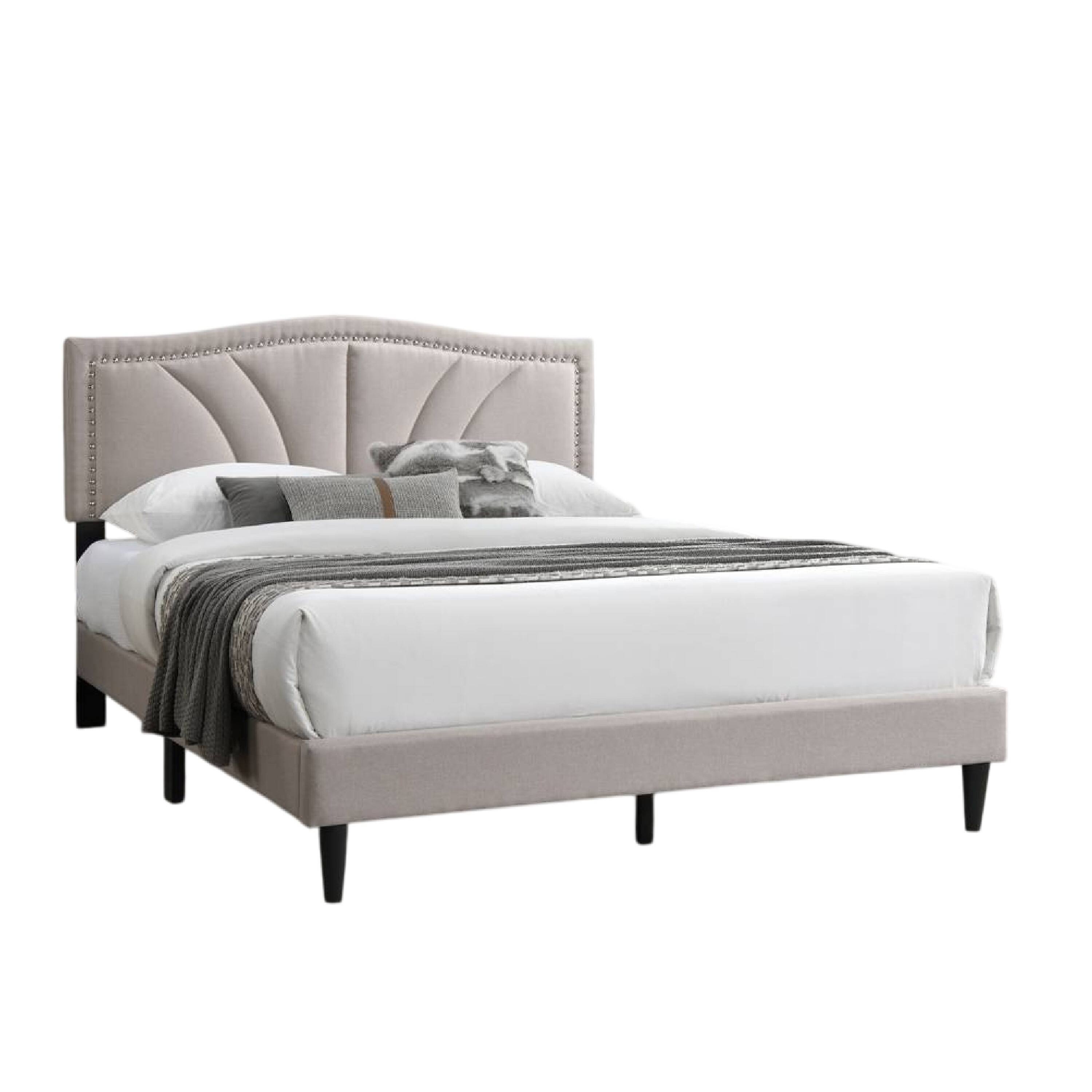Alt View 2. Manhattan Lane - Reo Queen Size Bed, Light Brown Burlap Upholstered Curved Headboard - Light Brown, Black.