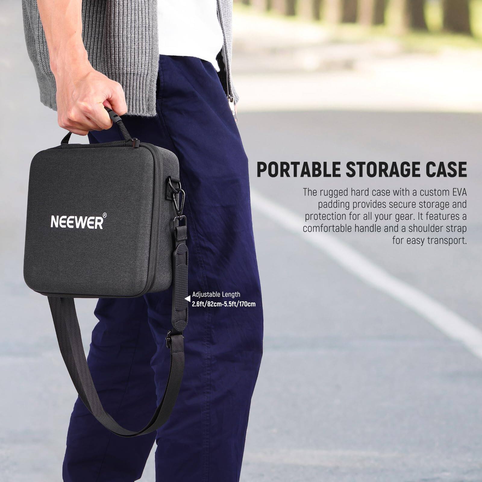 NEEWER PORTABLE STORAGE CASE

The rugged hard case with a custom EVA padding provides secure storage and protection for all your gear. It features a comfortable handle and a shoulder strap for easy transport. Adjustable Length 2.6ft/82cm-5.5ft/170cm