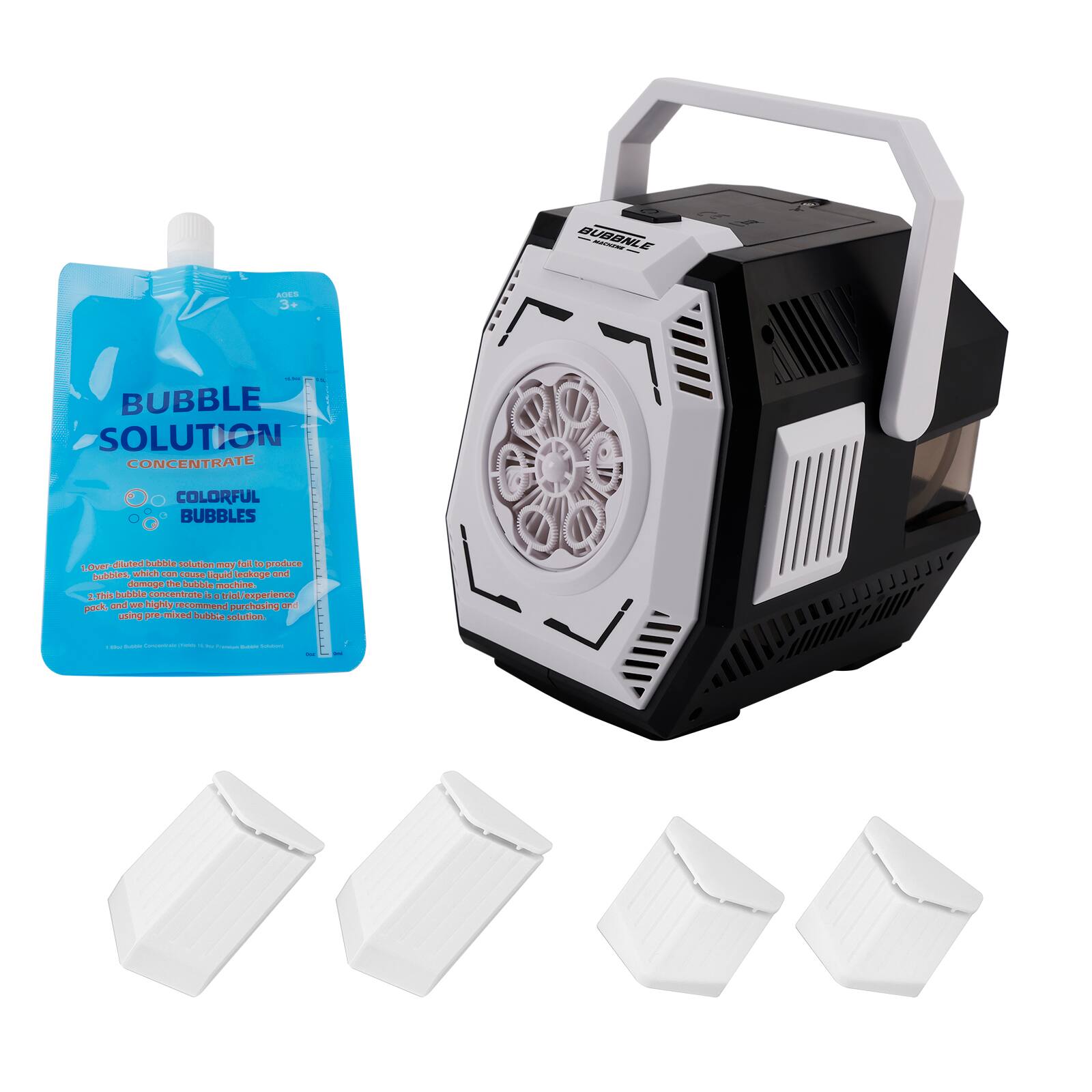 BUBBLE SOLUTION CONCENTRATE  
COLORFUL BUBBLES  

1. Over diluted bubble solution may fail to produce bubbles, which can cause liquid leakage and damage to the bubble machine.  
2. This, and we highly recommend purchasing and using pre-mixed bubble solution.