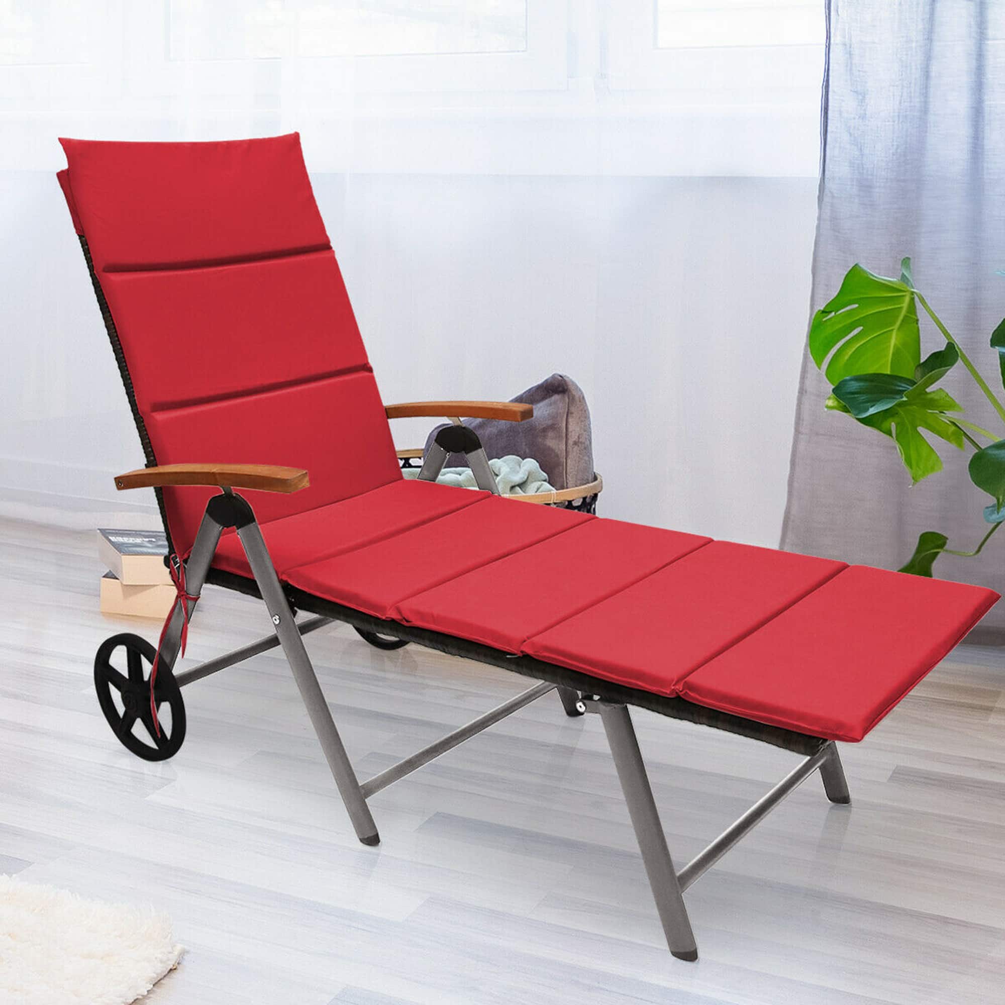Gymax - Folding Patio Rattan Lounge Chair Cushioned Aluminum Adjust Wheel - Red