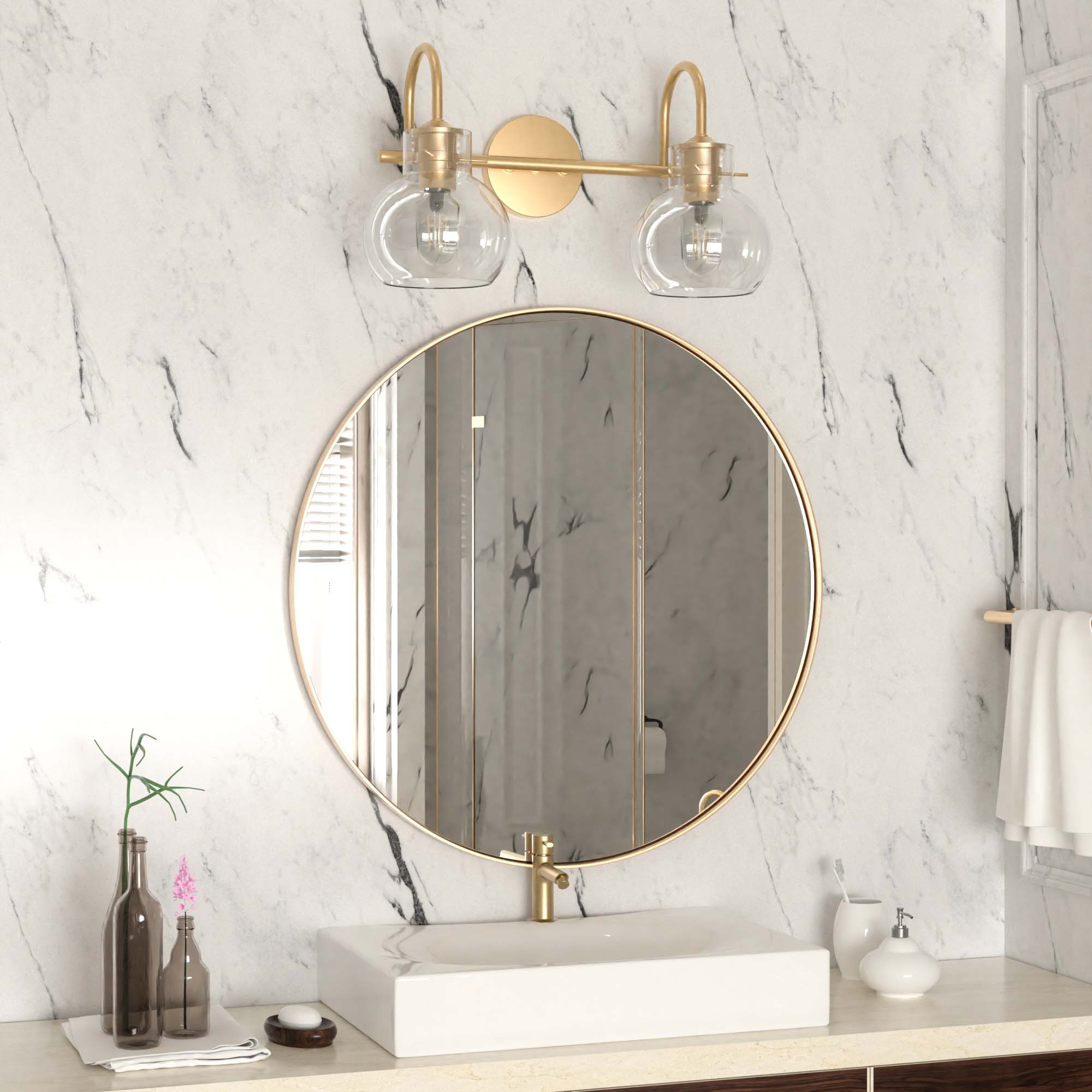 Angle. PAIHOME - 2-Light Bathroom Light Fixtures, 11" Modern Vanity Lights with Clear Glass Shade, Bathroom Wall Lamp, E26 Base UL Listed - Gold.