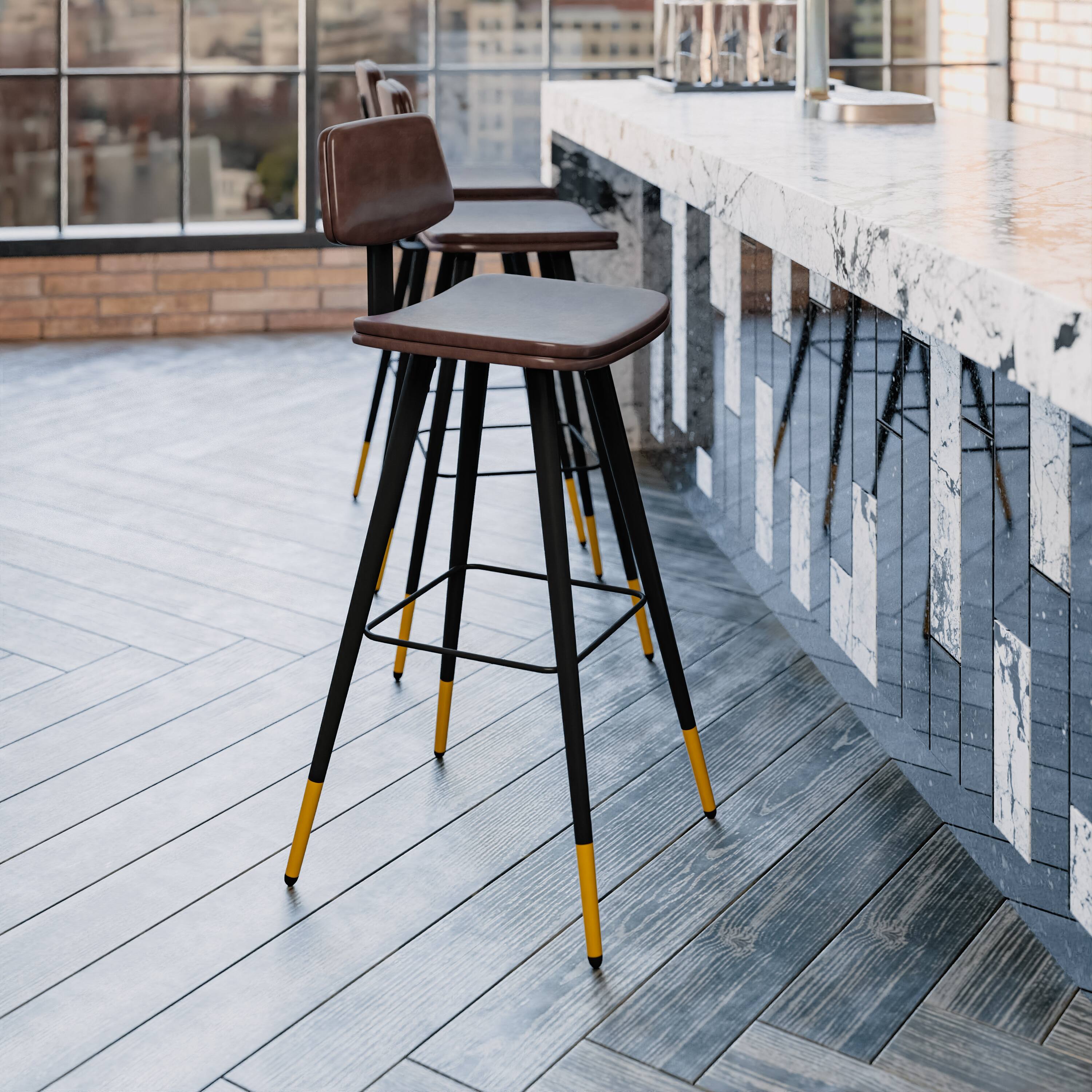 Alt View 17. Alamont Home - Kora Commercial Grade Low Back Barstools-LeatherSoft Upholstery-Iron Frame-Integrated Footrest-Gold Tipped Legs-Set of 2 - Brown.