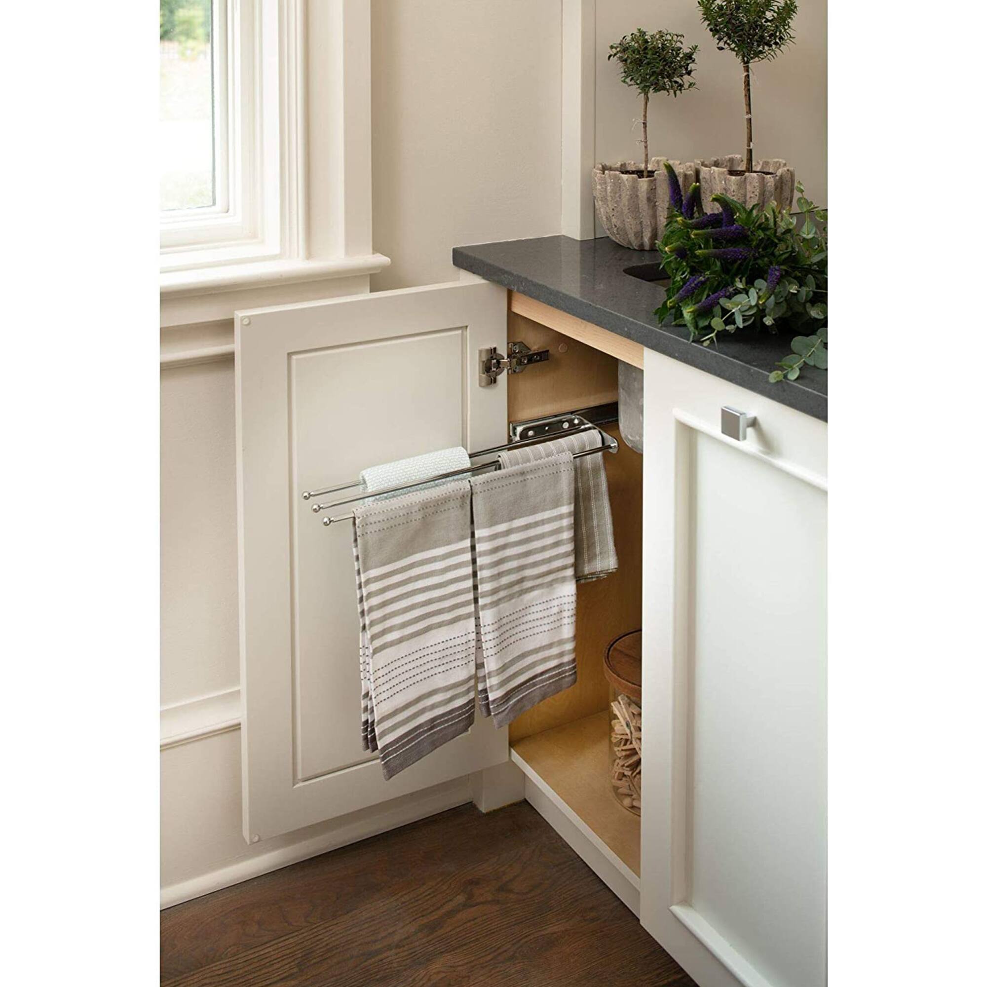 Alt View 1. Rev-A-Shelf - Rev-A-Shelf Pullout Dish Towel Bar Under Kitchen Cabinet 3 Prong, White, 563-47 - White.