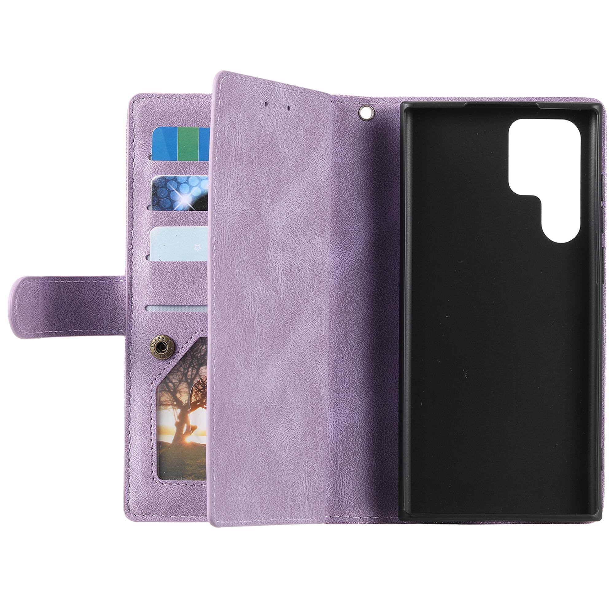 Back. Dteck - Multi-Functional Wallet Case for Samsung Galaxy A37 5G, 9 Card Slots Zipper Pocket Stand Premium Leather Cover+Strap - Purple.