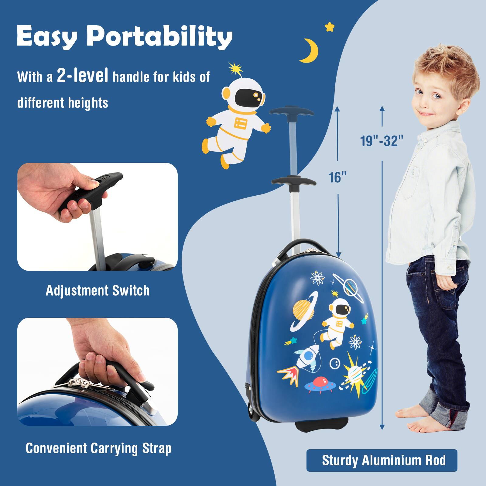 Easy Portability: With a 2-level handle for kids of different heights, 19"-32" 16" Adjustment Switch, Convenient Carrying Strap, and Sturdy Aluminum Rod.