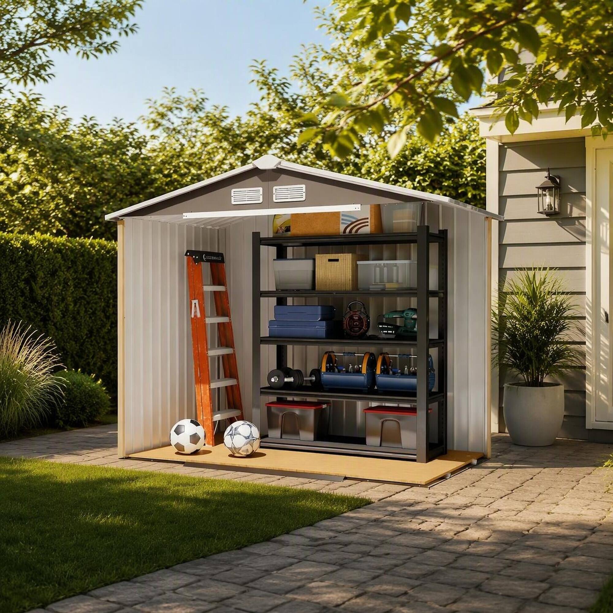 Back. RYHNUYNE - Metal Garden Shed Sloped Roof 6.7x3.8x6.1ft Weatherproof Easy Assembly Storage - Gray.