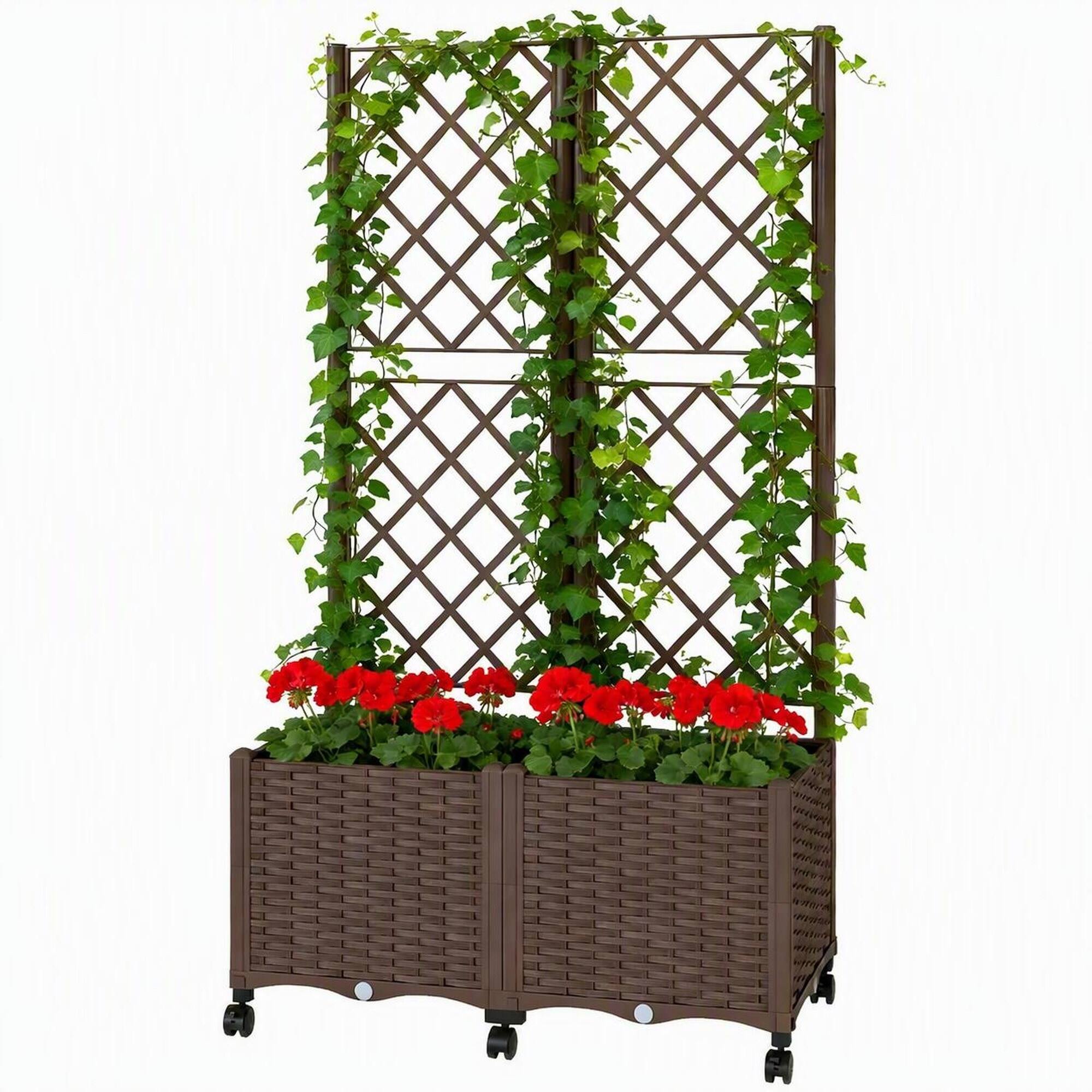 RYHNUYNE - Mobile Raised Garden Bed with Trellis and Self-Watering Reservoir, Wicker PP Plastic Planter on Wheels - Brown