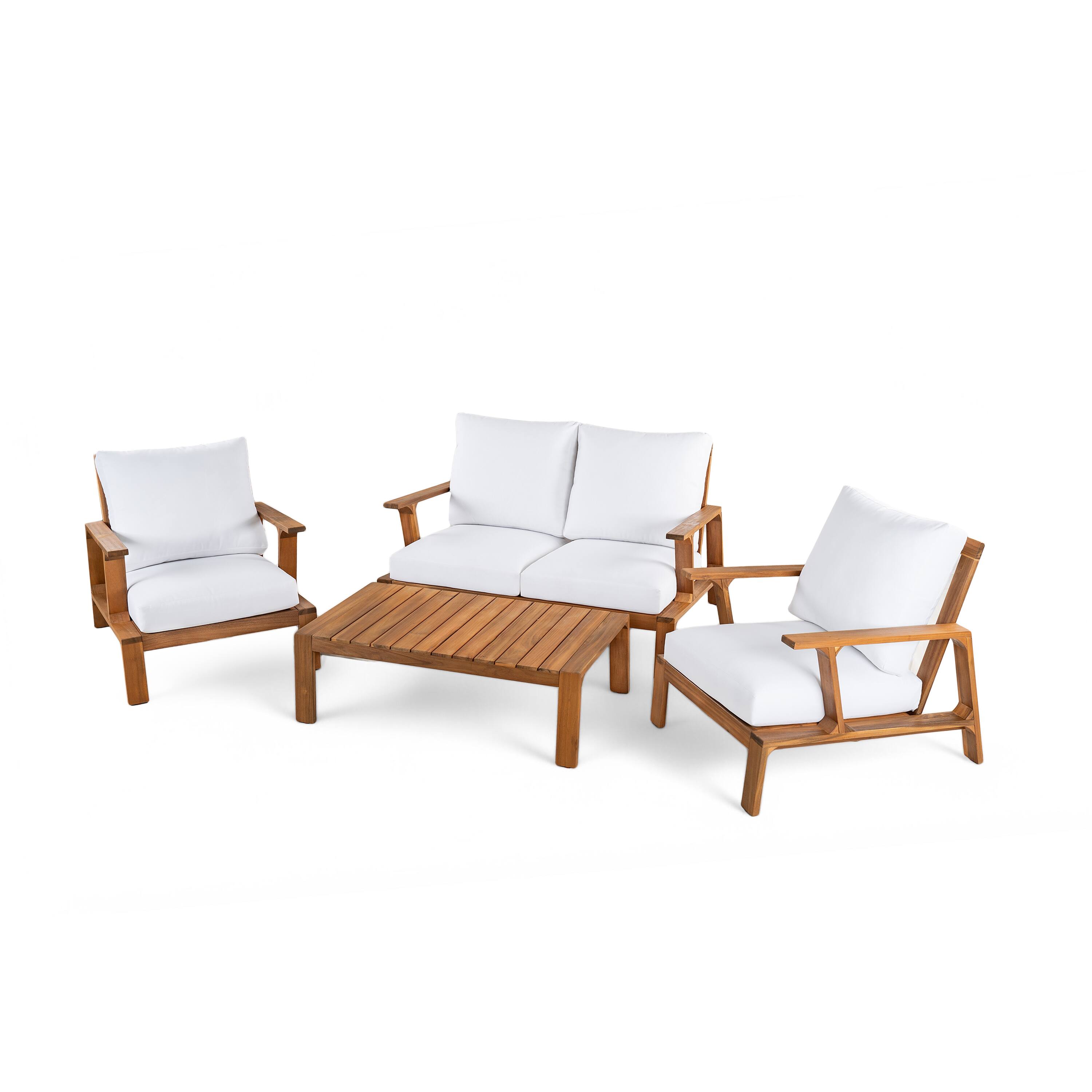 Alt View 5. Siljoy - 4-Piece 4-Seat Patio Conversation Set, Outdoor Sofa with Coffee Table, Teak Finish + White Cushions - Teak,White.