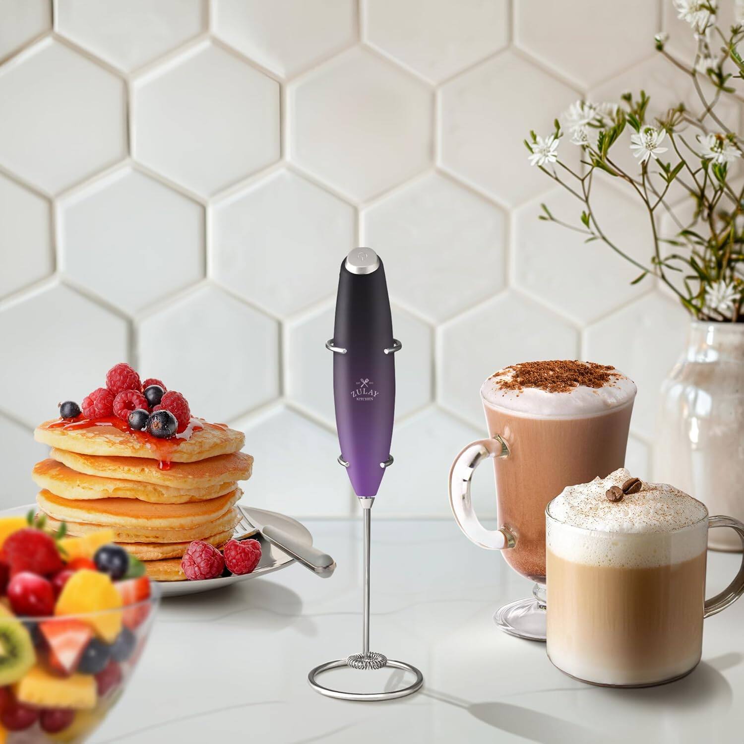 Angle. Zulay Kitchen - Zulay Kitchen Powerful Milk Frother Wand - Ultra Fast Handheld Drink Mixer - Galaxy.