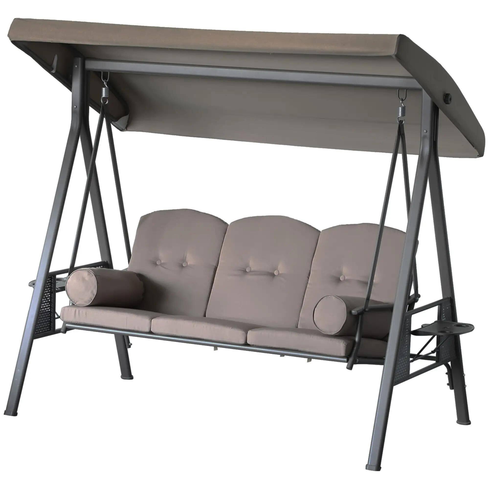 Angle. Resenkos - Resenkos 3-Seat Swing Chair, Outdoor Glider With Canopy, Removable Cushions, Pillows, Side Trays, Garden,  Brown.