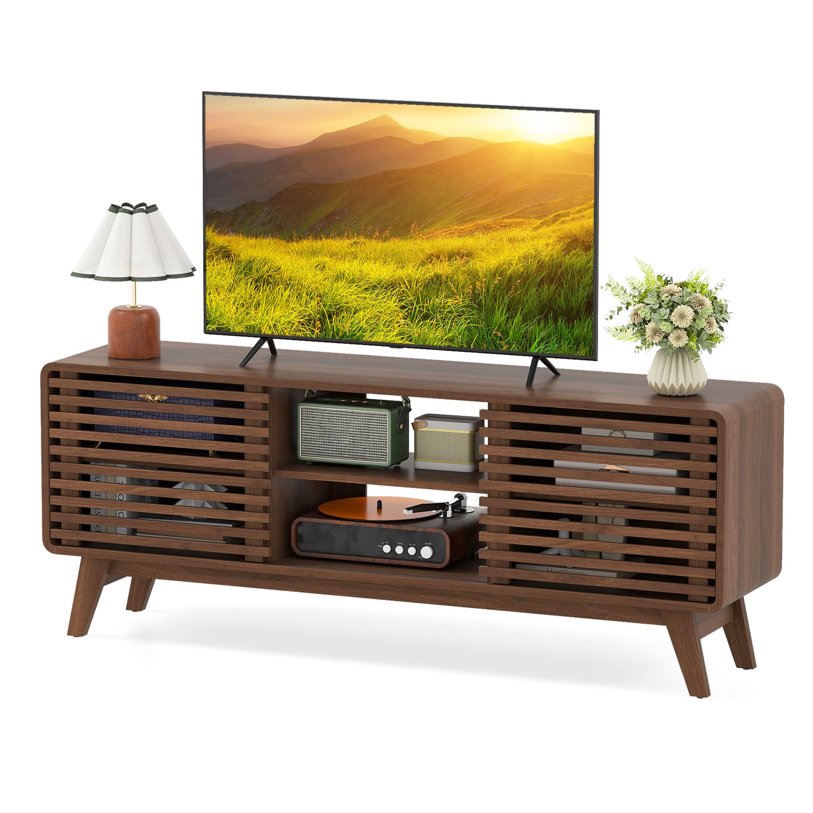 Front. Gymax - Gymax TV Stand w/Sliding Doors Adjustable Shelves & Rubber Wood Legs for TVs up to 65'' - Brown.