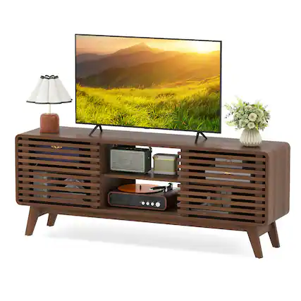 Front. Gymax - Gymax TV Stand w/Sliding Doors Adjustable Shelves & Rubber Wood Legs for TVs up to 65'' - Brown.