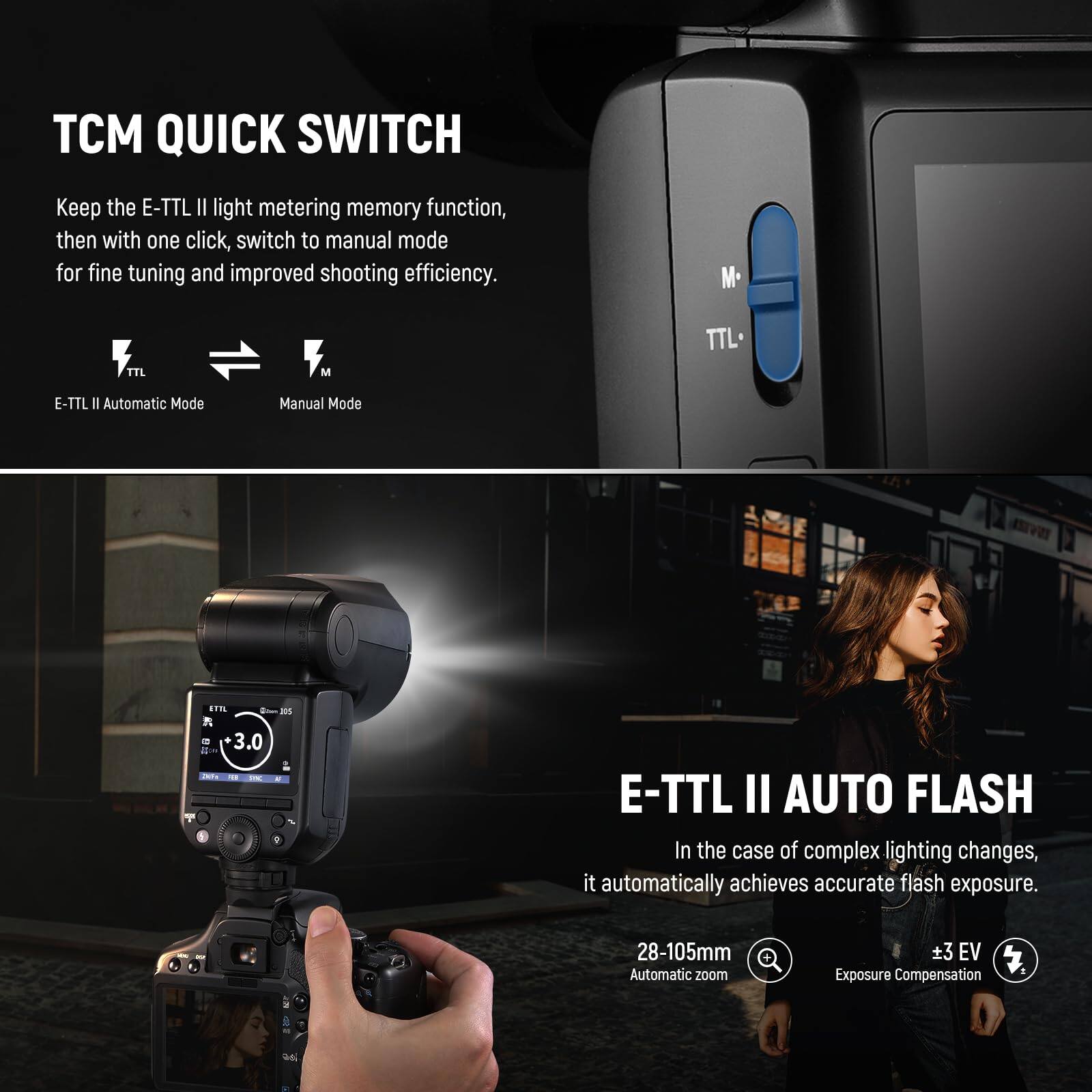 TCM QUICK SWITCH

Keep the E-TTL II light metering memory function, then with one click, switch to manual mode for fine tuning and improved shooting efficiency.

E-TTL II Automatic Mode  
Manual Mode

E-TTL II AUTO FLASH

In the case of complex lighting changes, it automatically achieves accurate flash exposure.

28-105mm Automatic zoom  
±3 EV Exposure Compensation