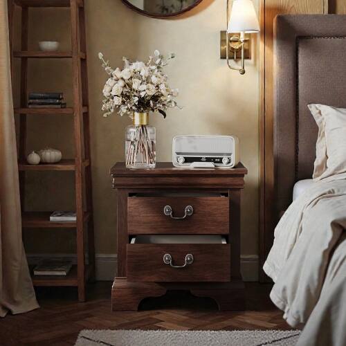 Left. LUCKY ONE - 22" Assembled Classic Wooden Nightstand 2-Drawer Antique Pulls - Cherry.