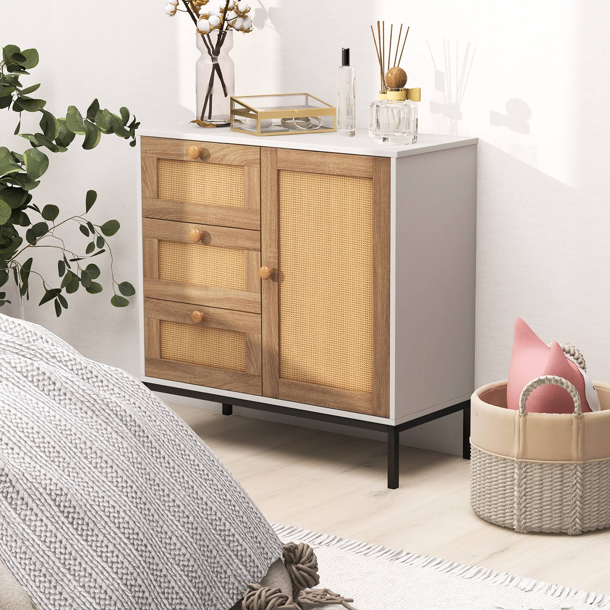 Alt View 5. Gymax - Gymax Set of 2 Rattan Sideboard Buffet Cabinet Accent Cabinet w/ 1 Door & 3 Drawers - White, Natural, Black.