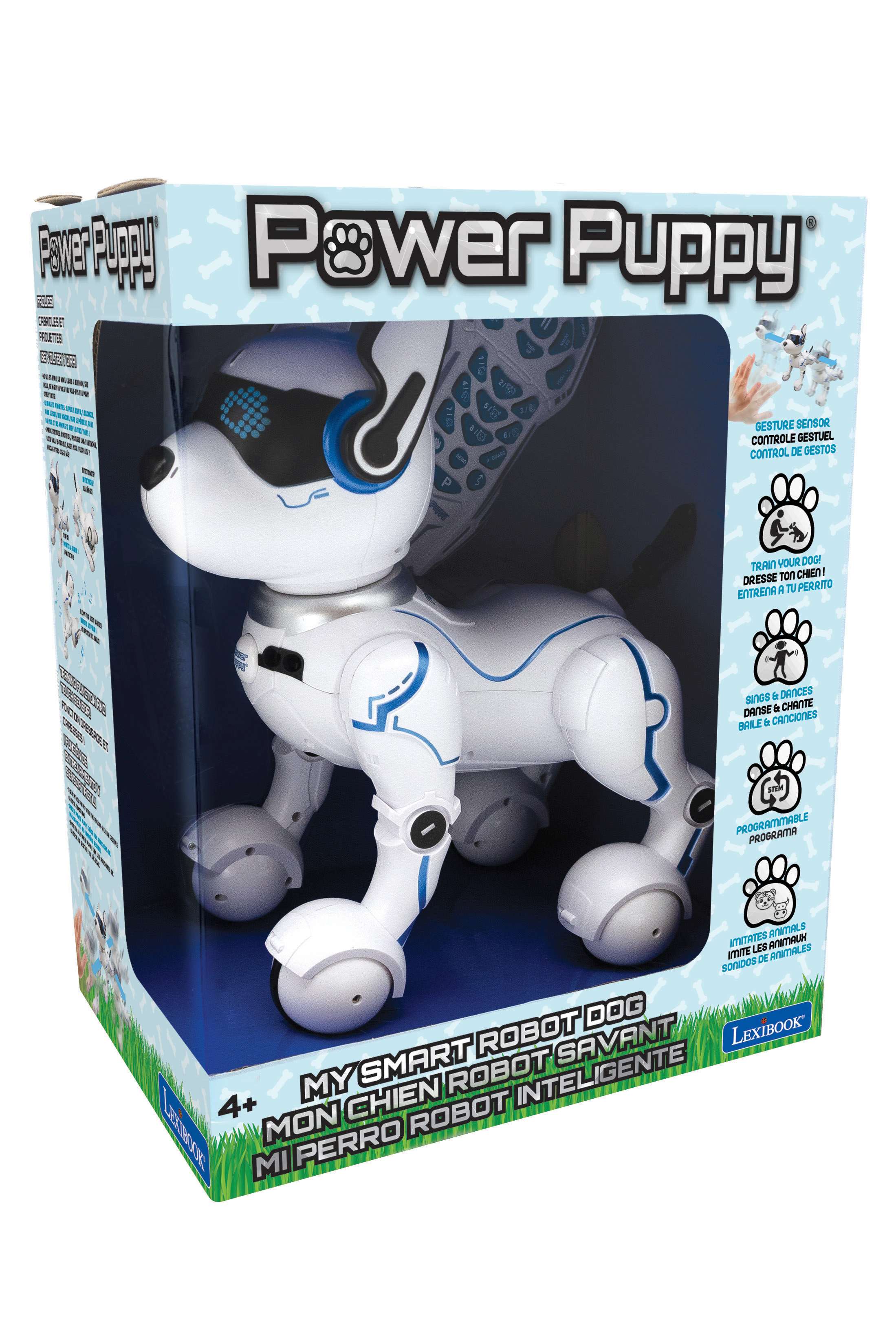 Power Puppy

- GESTURE SENSOR
- CONTRÔLE GESTUEL
- CONTROL DE GESTOS

- TRAIN YOUR DOG!
- DRESSEZ TON CHIEN!
- ENTRENA A TU PERRITO

- SINGS & DANCES
- CHANTE & DANSE
- BRILLE & CANTO

- PROGRAMMABLE
- PROGRAMA
- PROGRAMMABLE

- IMITATES ANIMALS
- IMITE LES ANIMAUX
- IMITA ANIMALES

- MY SMART ROBOT DOG
- MON CHIEN ROBOT INTELLIGENTE
- MI PERRO ROBOT INTELIGENTE

- 4+